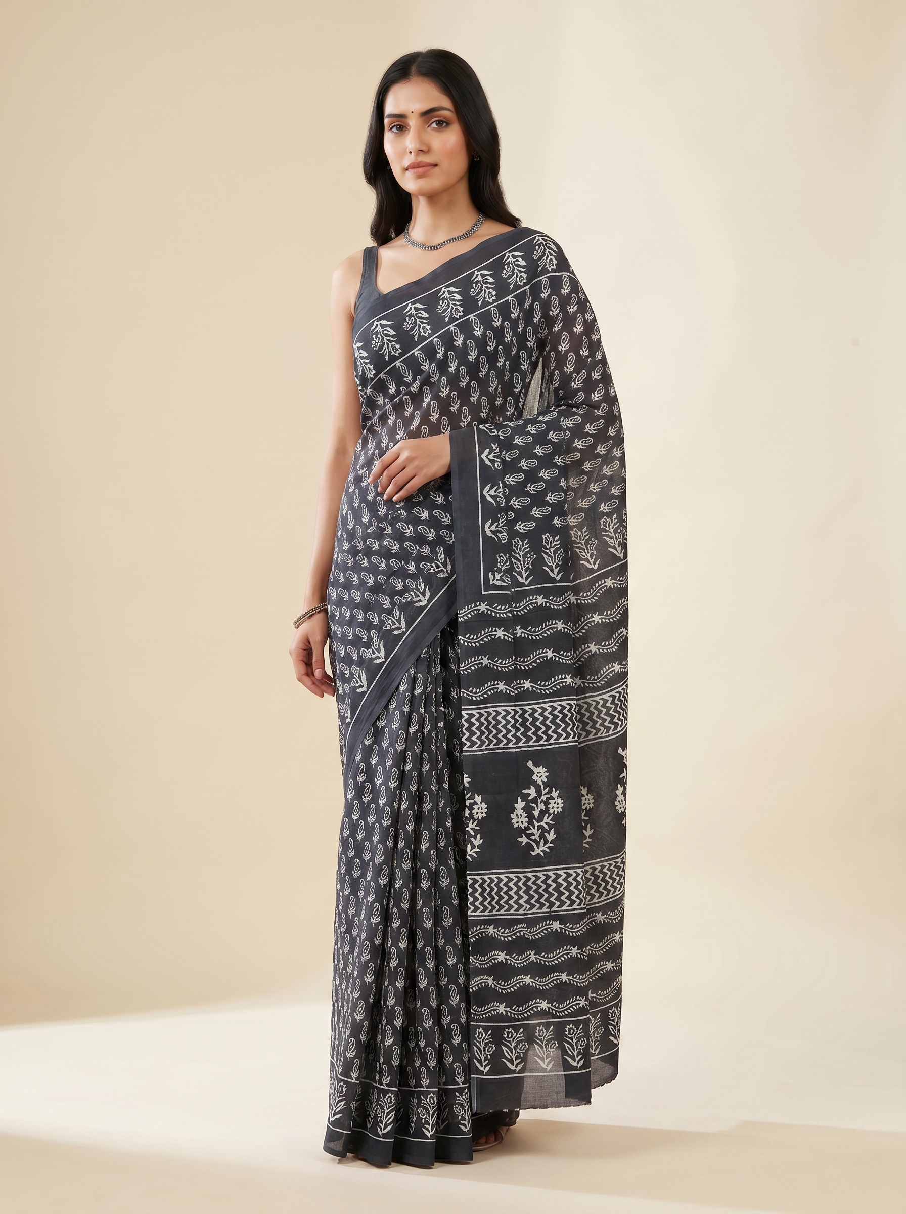Charcoal Grey + Grey pure mulmul cotton saree with blouse