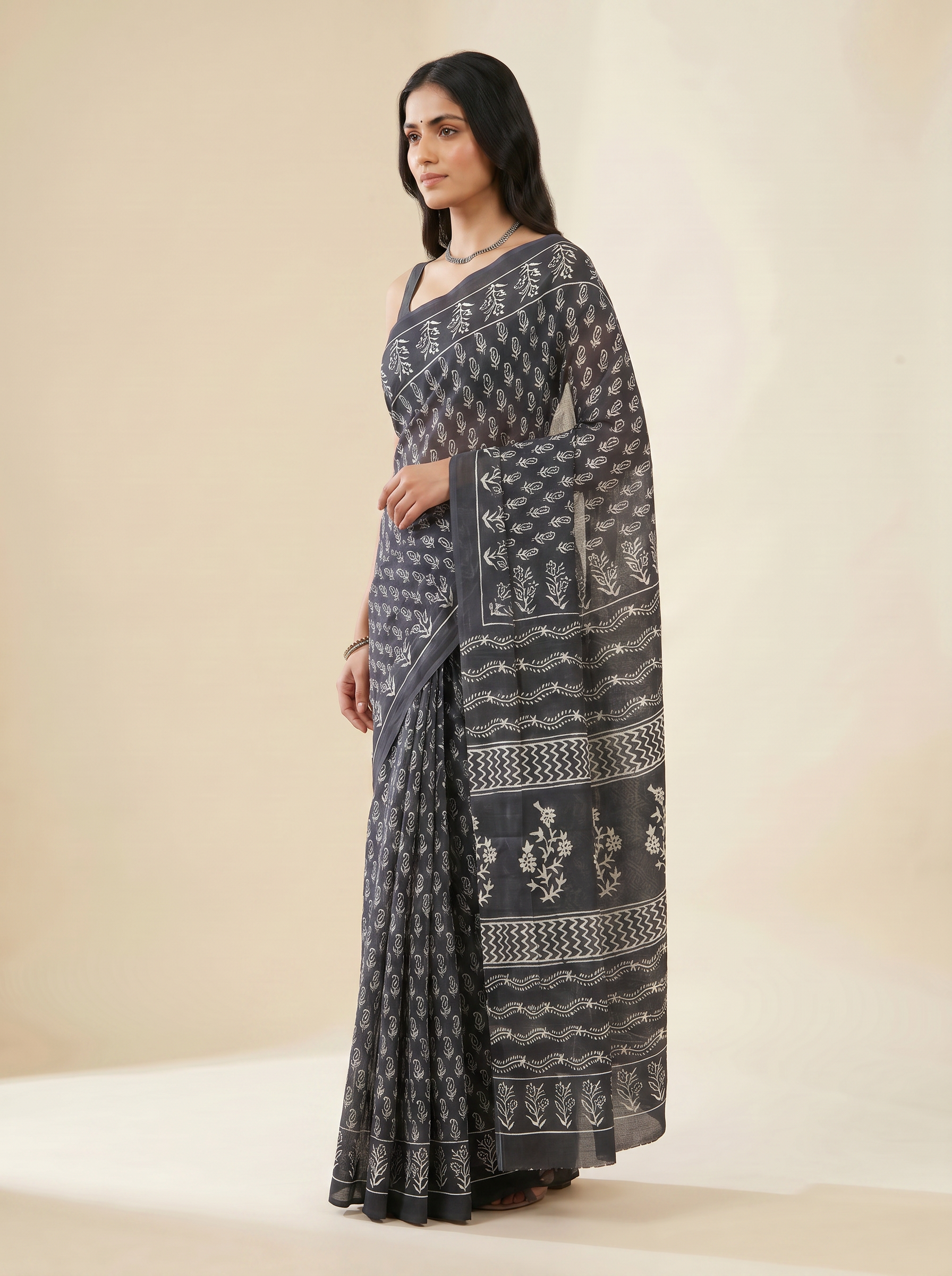 Pure Mulmul Cotton Saree | Charcoal Grey + Grey Handblock Print | Summer & Office Wear | With Blouse image 2