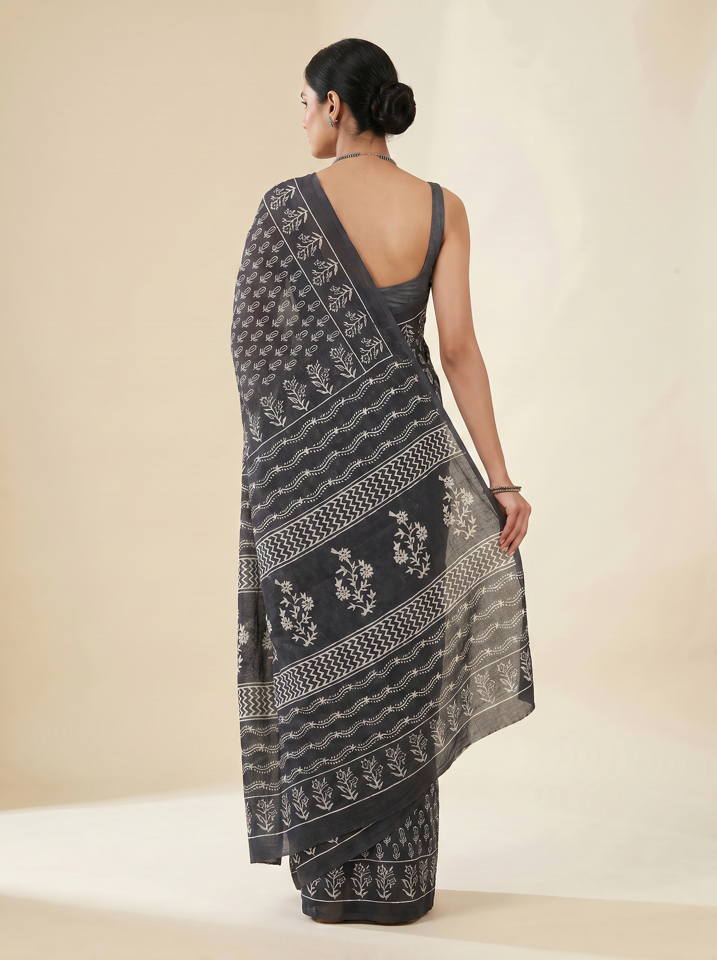 Pure Mulmul Cotton Saree | Charcoal Grey + Grey Handblock Print | Summer & Office Wear | With Blouse image 3