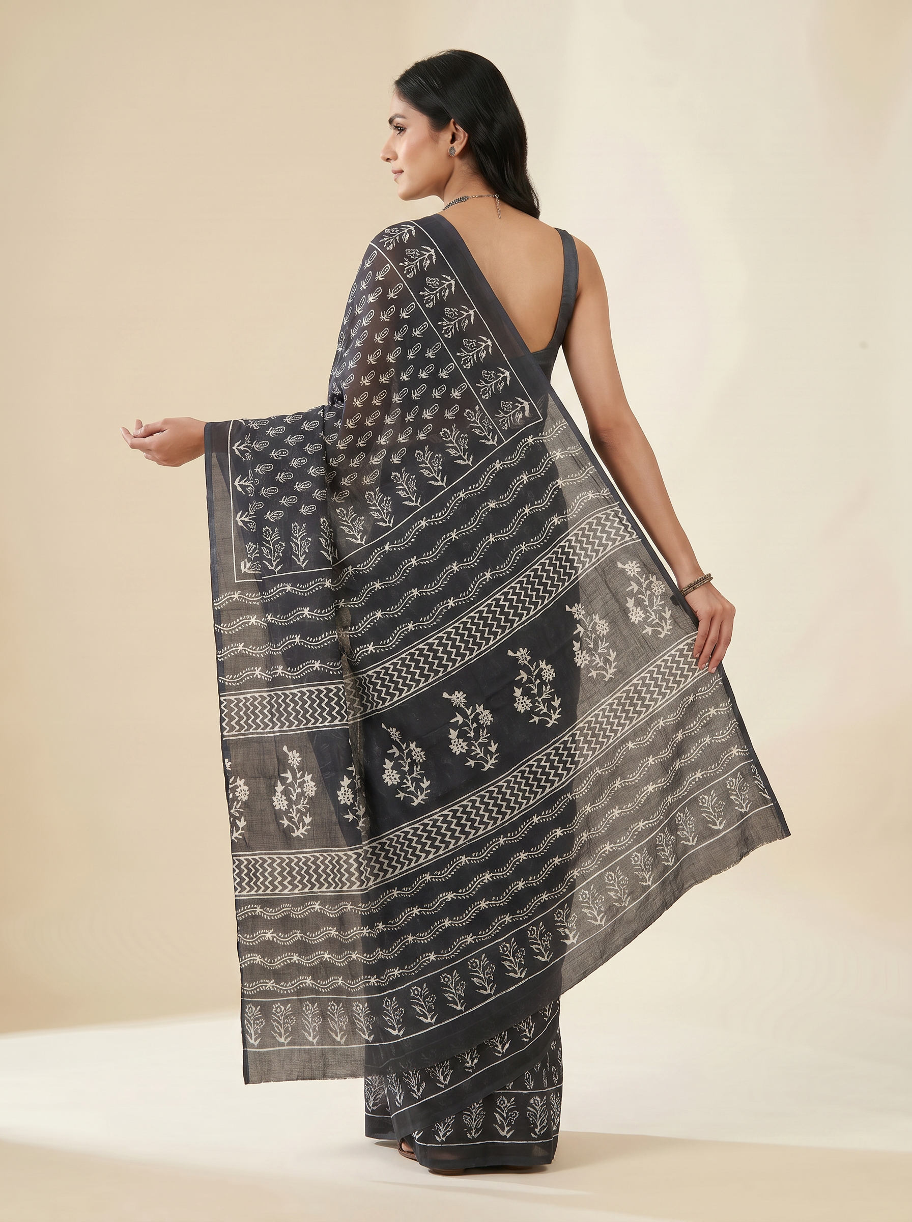 Pure Mulmul Cotton Saree | Charcoal Grey + Grey Handblock Print | Summer & Office Wear | With Blouse image 4