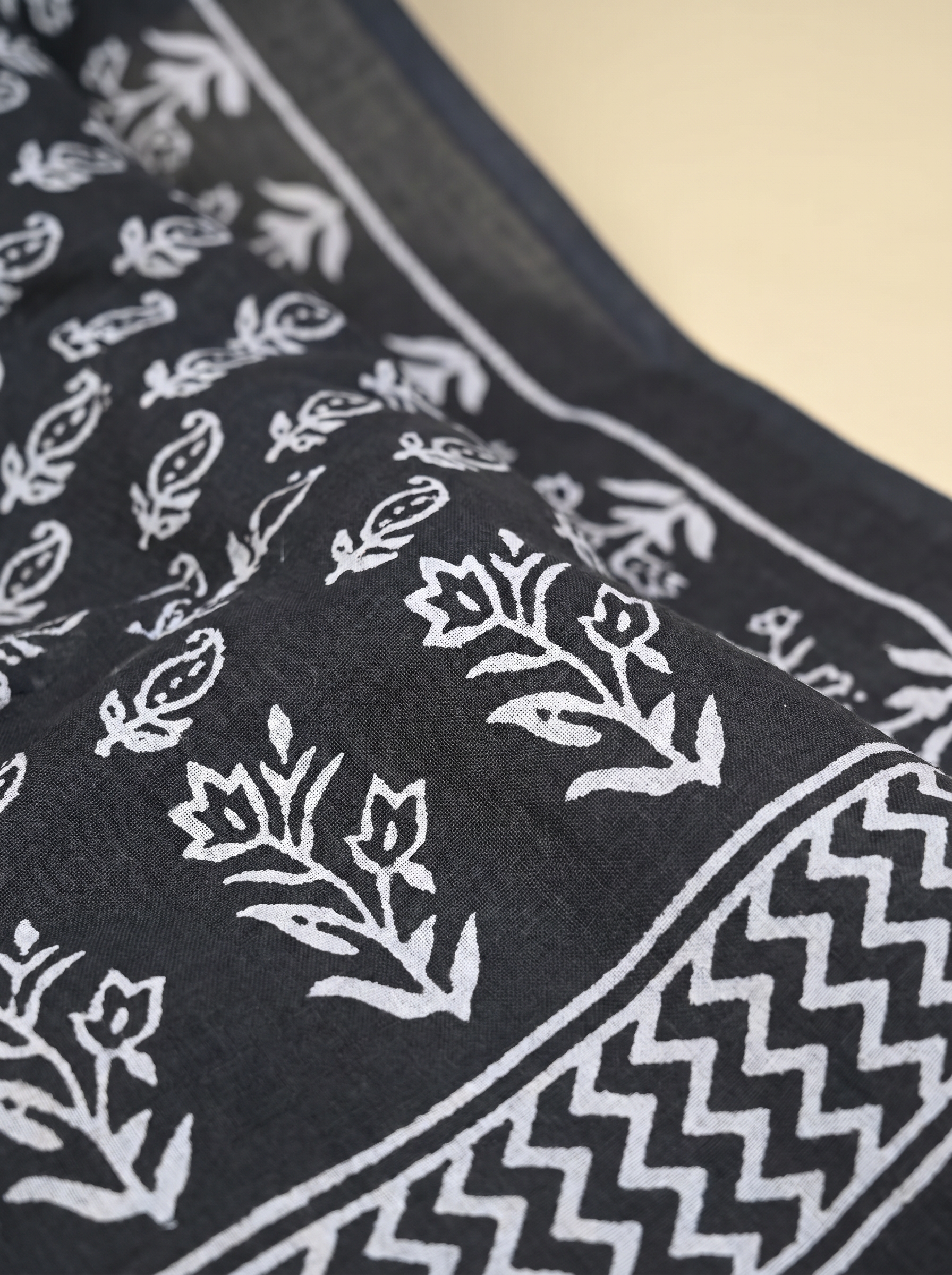 Pure Mulmul Cotton Saree | Charcoal Grey + Grey Handblock Print | Summer & Office Wear | With Blouse image 5