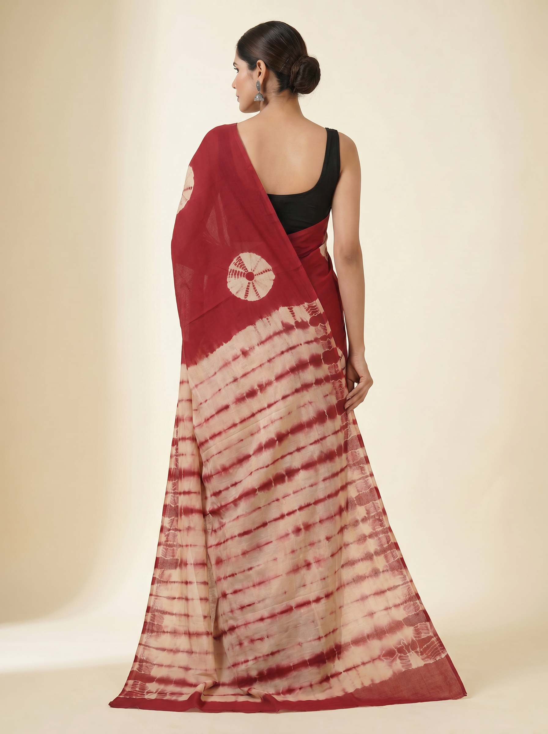 Pure Mulmul Cotton Saree | Crimson + Beige Handblock Print | Summer & Office Wear | With Blouse image 3