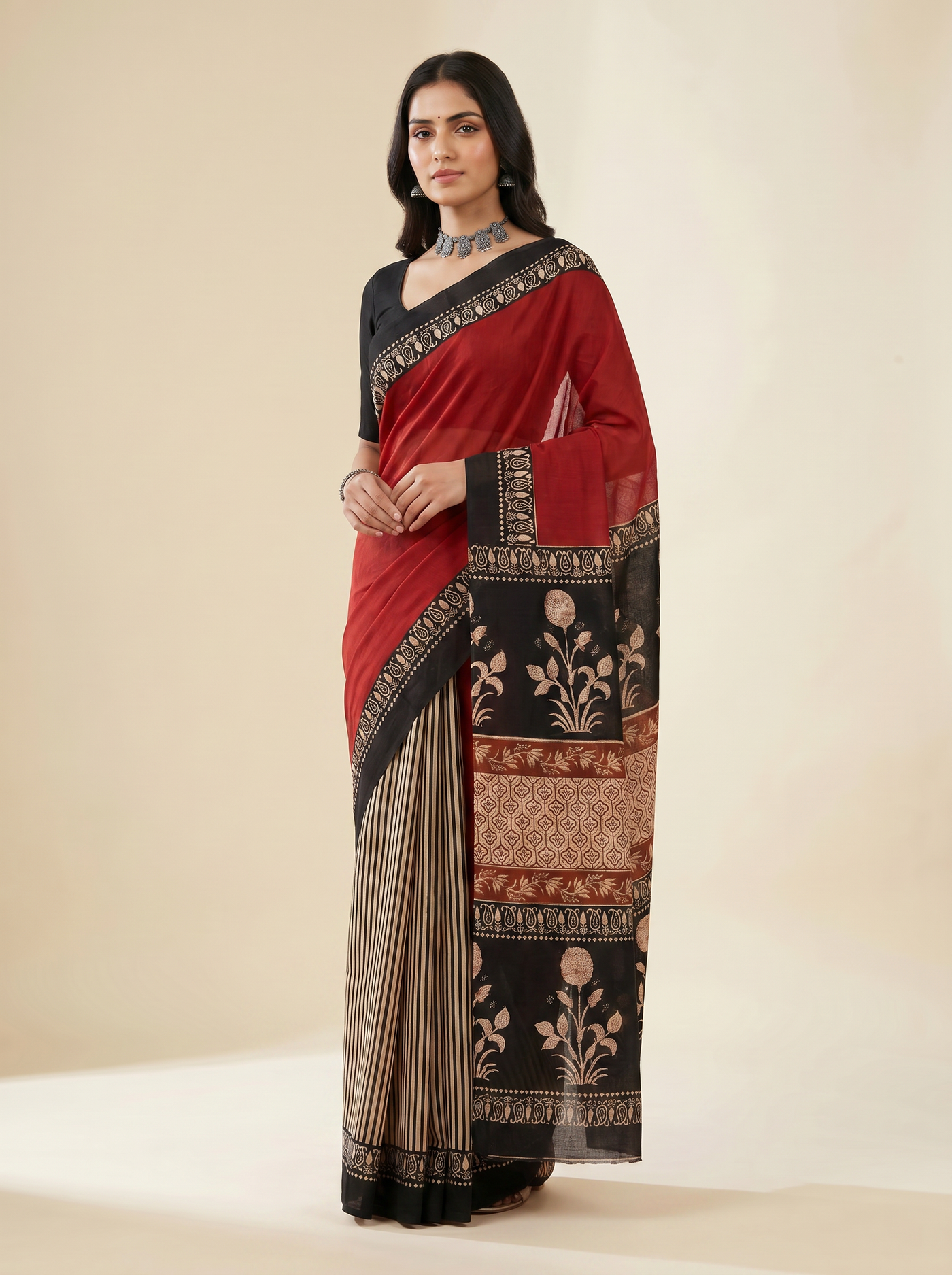 Crimson + Black pure mulmul cotton saree with blouse