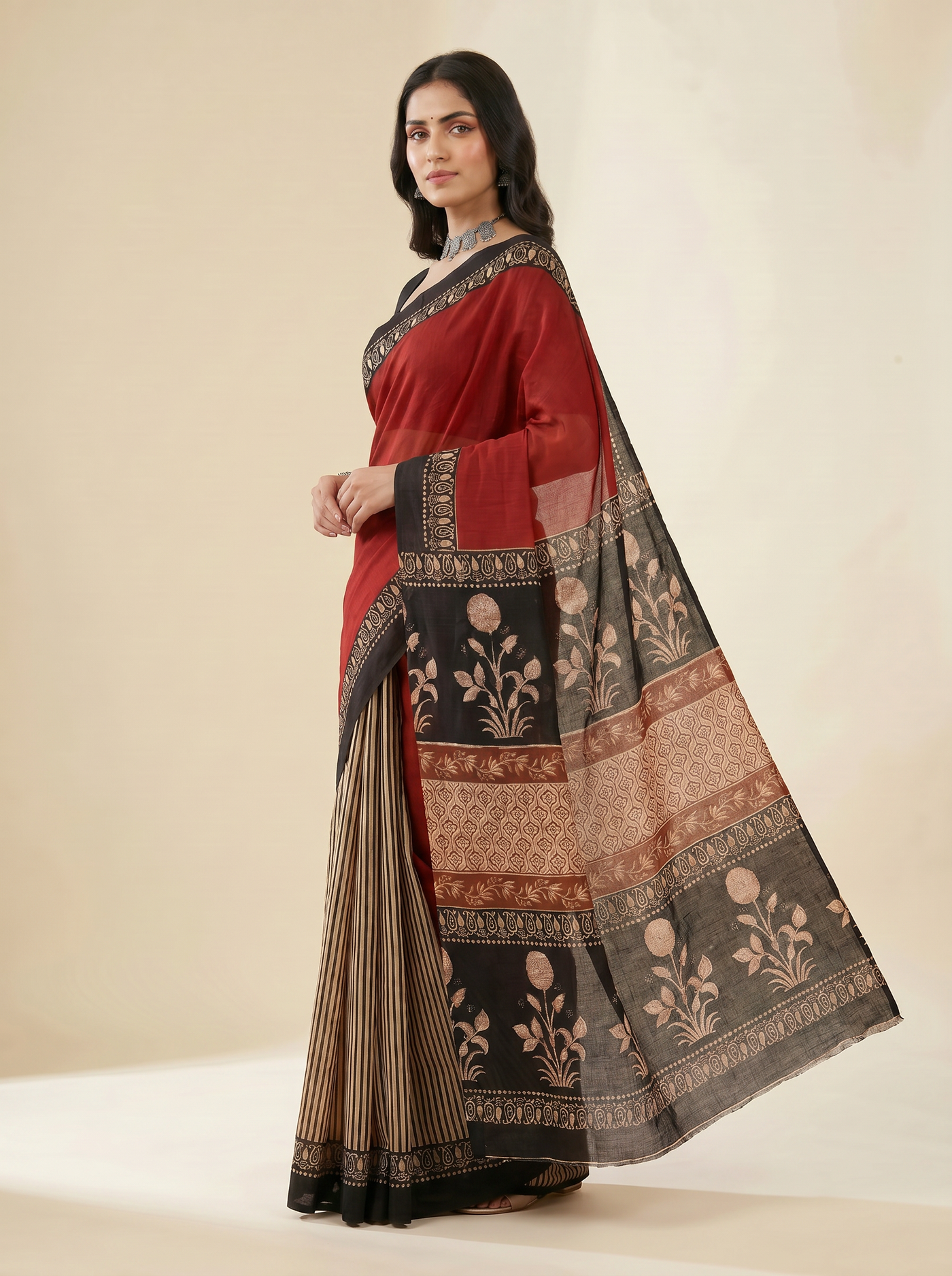 Pure Mulmul Cotton Saree | Crimson + Black Handblock Print | Summer & Office Wear | With Blouse | Design 2 image 2
