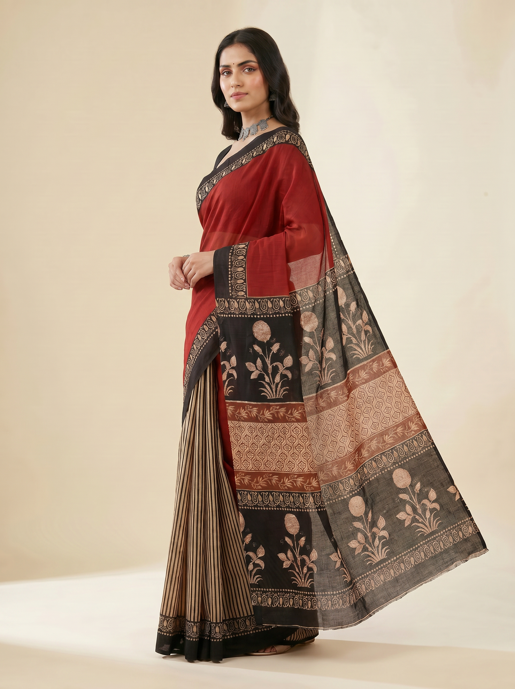 Pure Mulmul Cotton Saree | Crimson + Black Handblock Print | Summer & Office Wear | With Blouse | Design 2 image 2