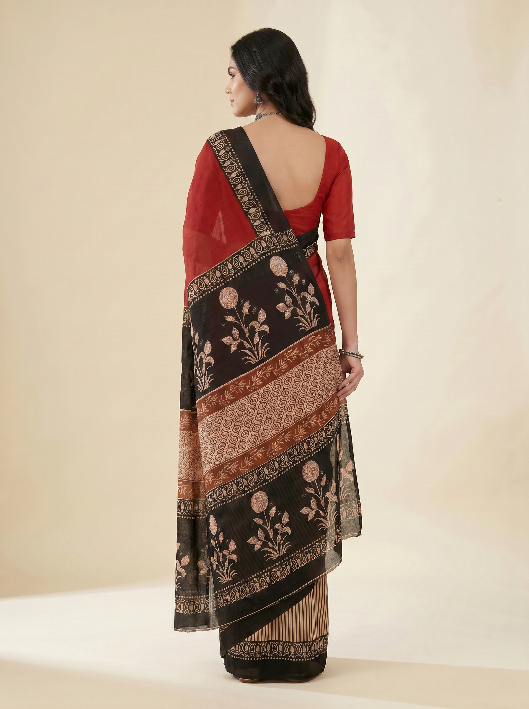 Pure Mulmul Cotton Saree | Crimson + Black Handblock Print | Summer & Office Wear | With Blouse | Design 2 image 3