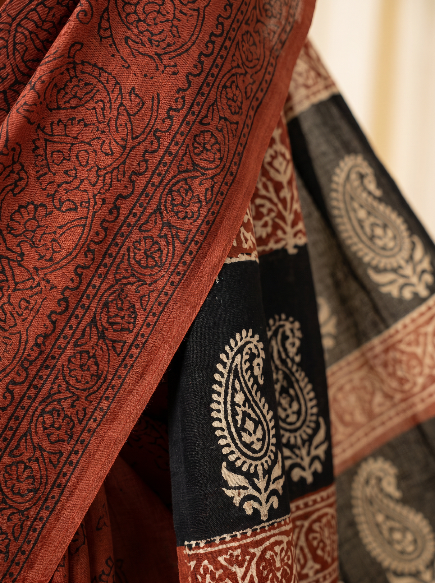 Pure Mulmul Cotton Saree | Crimson + Black Handblock Print | Summer & Office Wear | With Blouse | Design 2 image 5