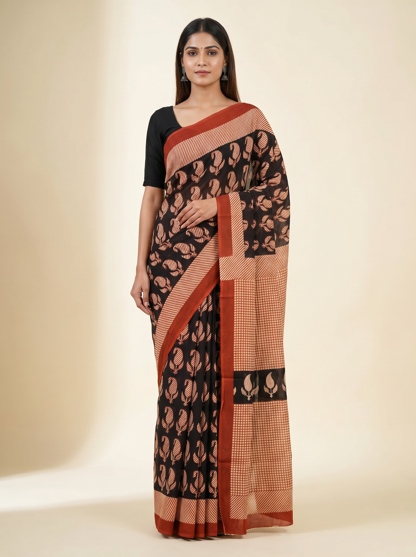Crimson + Black pure mulmul cotton saree with blouse
