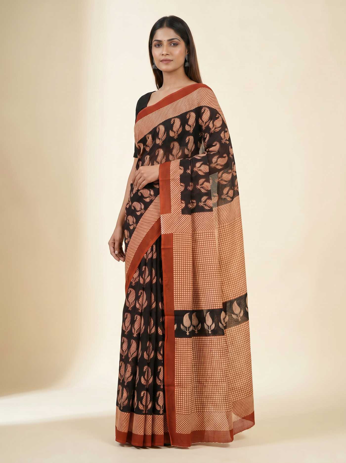Pure Mulmul Cotton Saree | Crimson + Black Handblock Print | Summer & Office Wear | With Blouse | Design 3 image 2