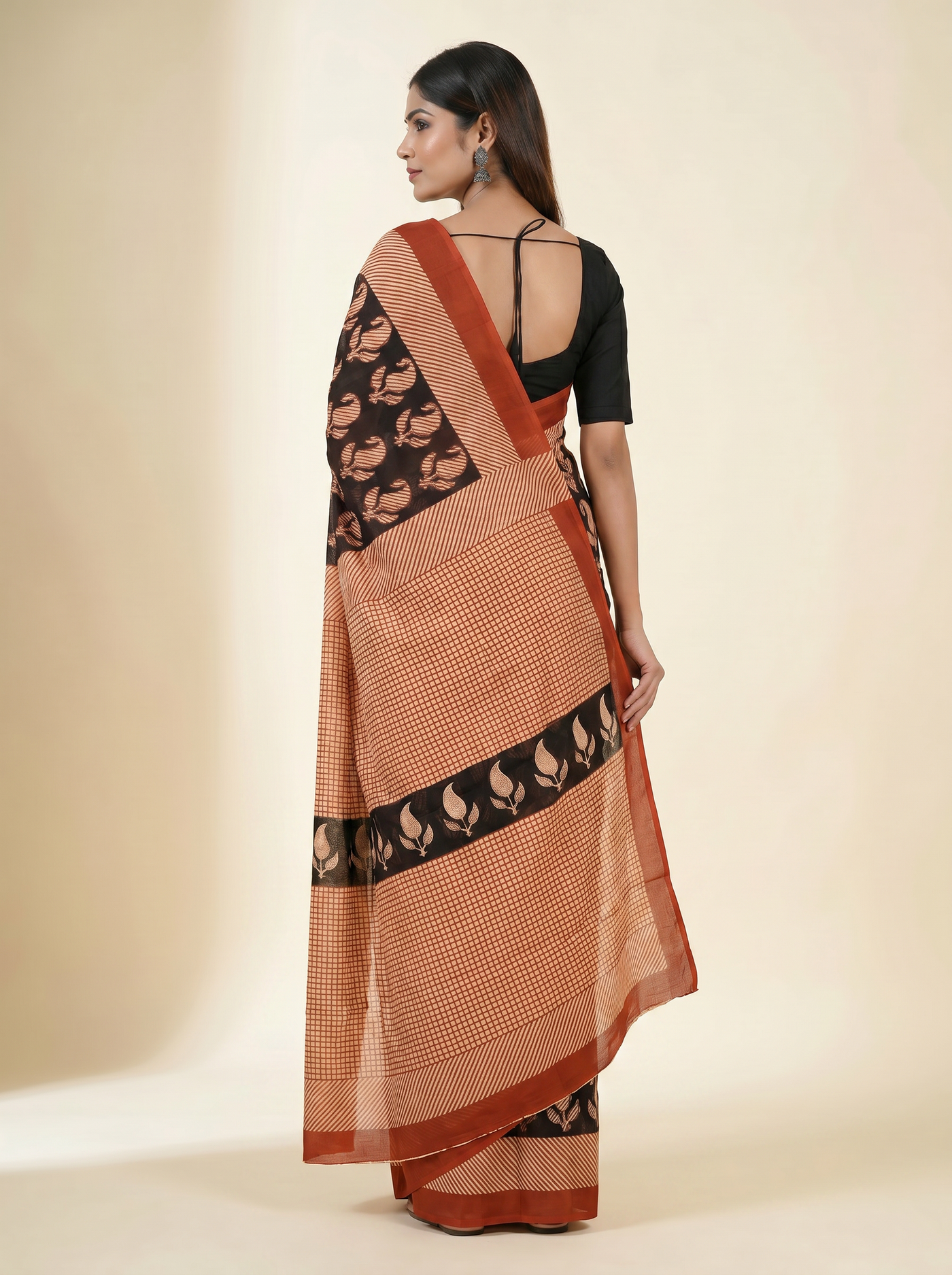 Pure Mulmul Cotton Saree | Crimson + Black Handblock Print | Summer & Office Wear | With Blouse | Design 3 image 3