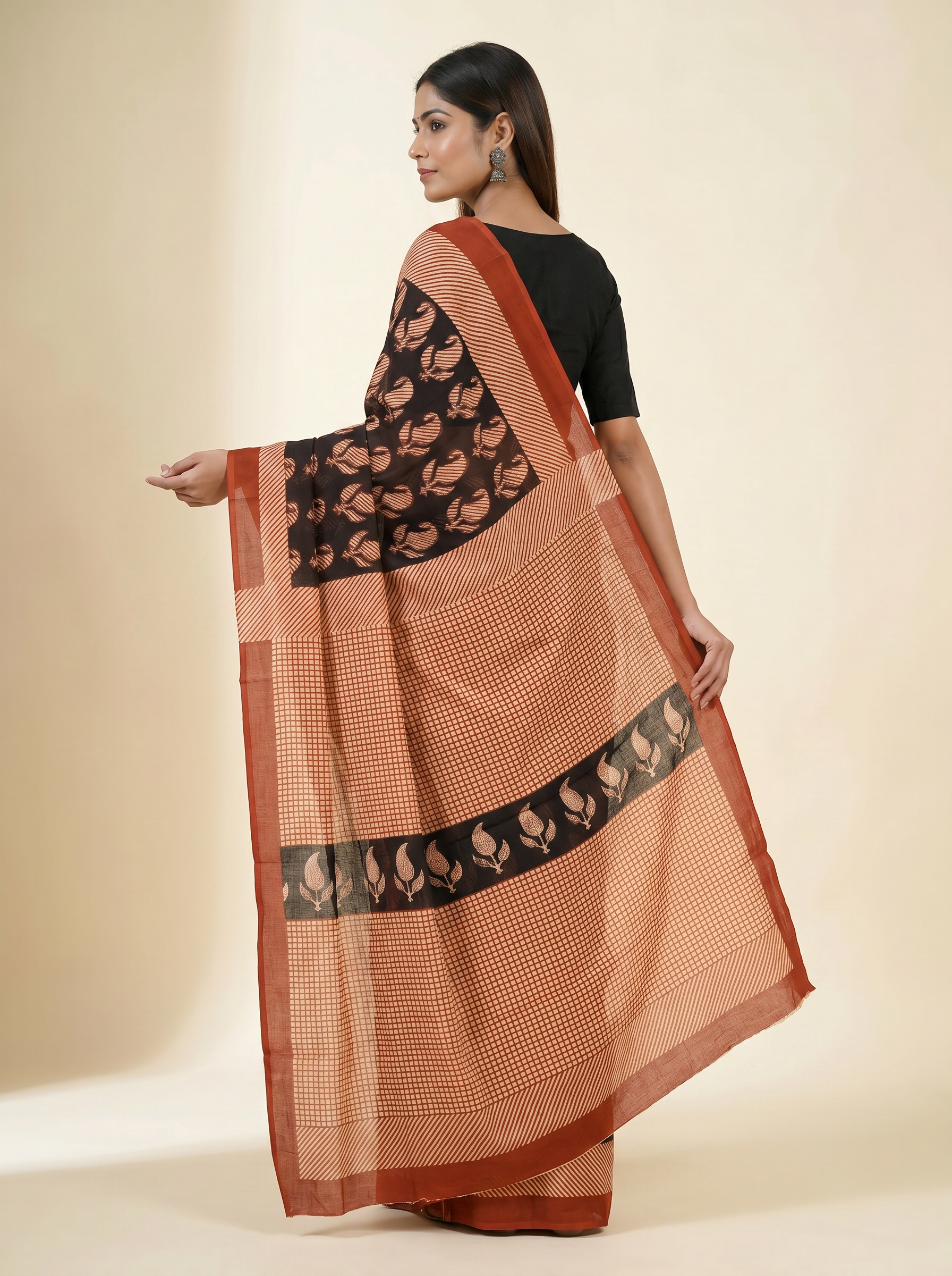 Pure Mulmul Cotton Saree | Crimson + Black Handblock Print | Summer & Office Wear | With Blouse | Design 3 image 4