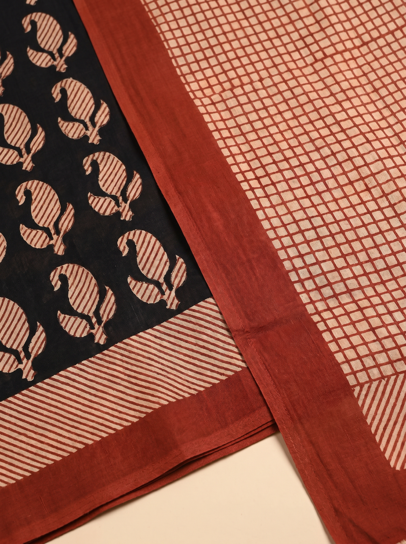 Pure Mulmul Cotton Saree | Crimson + Black Handblock Print | Summer & Office Wear | With Blouse | Design 3 image 5