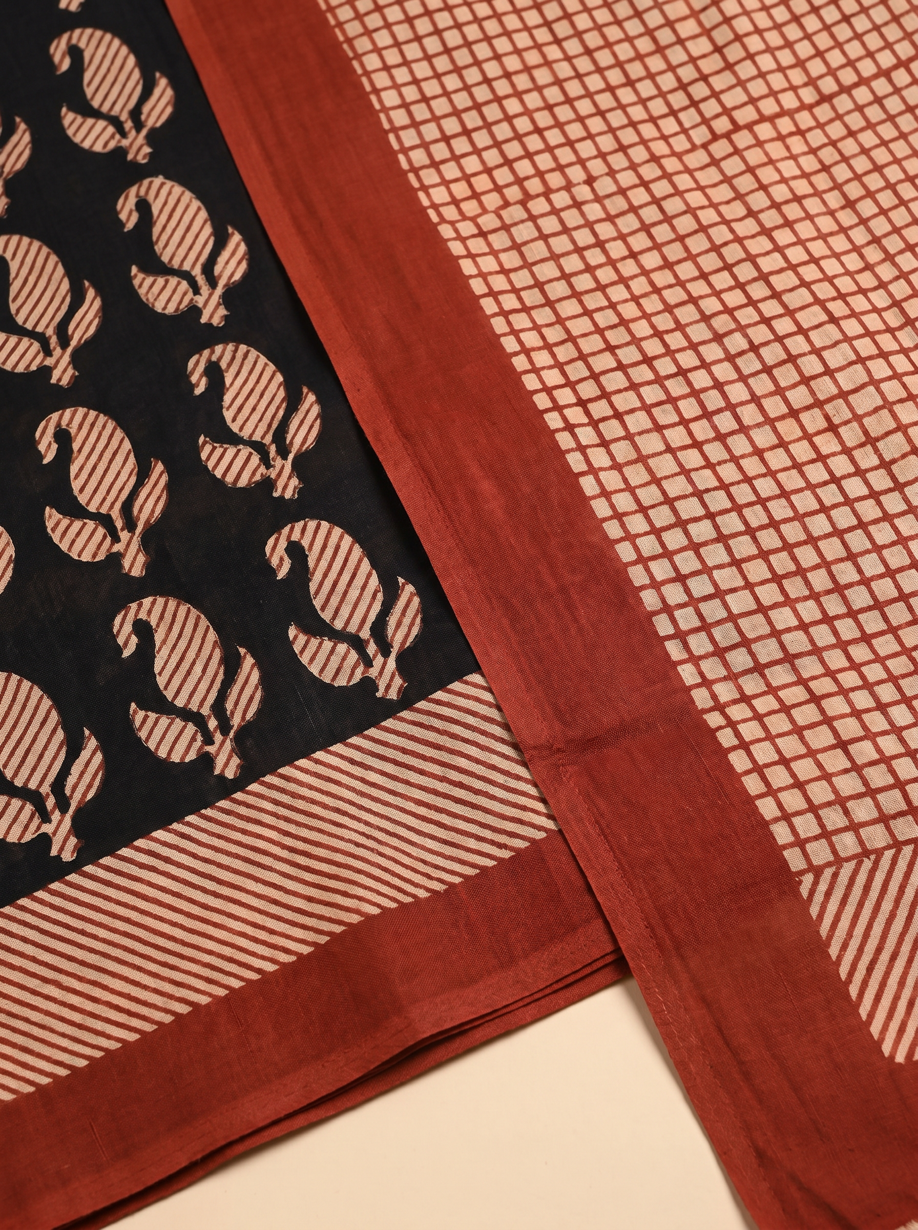 Pure Mulmul Cotton Saree | Crimson + Black Handblock Print | Summer & Office Wear | With Blouse | Design 3 image 5