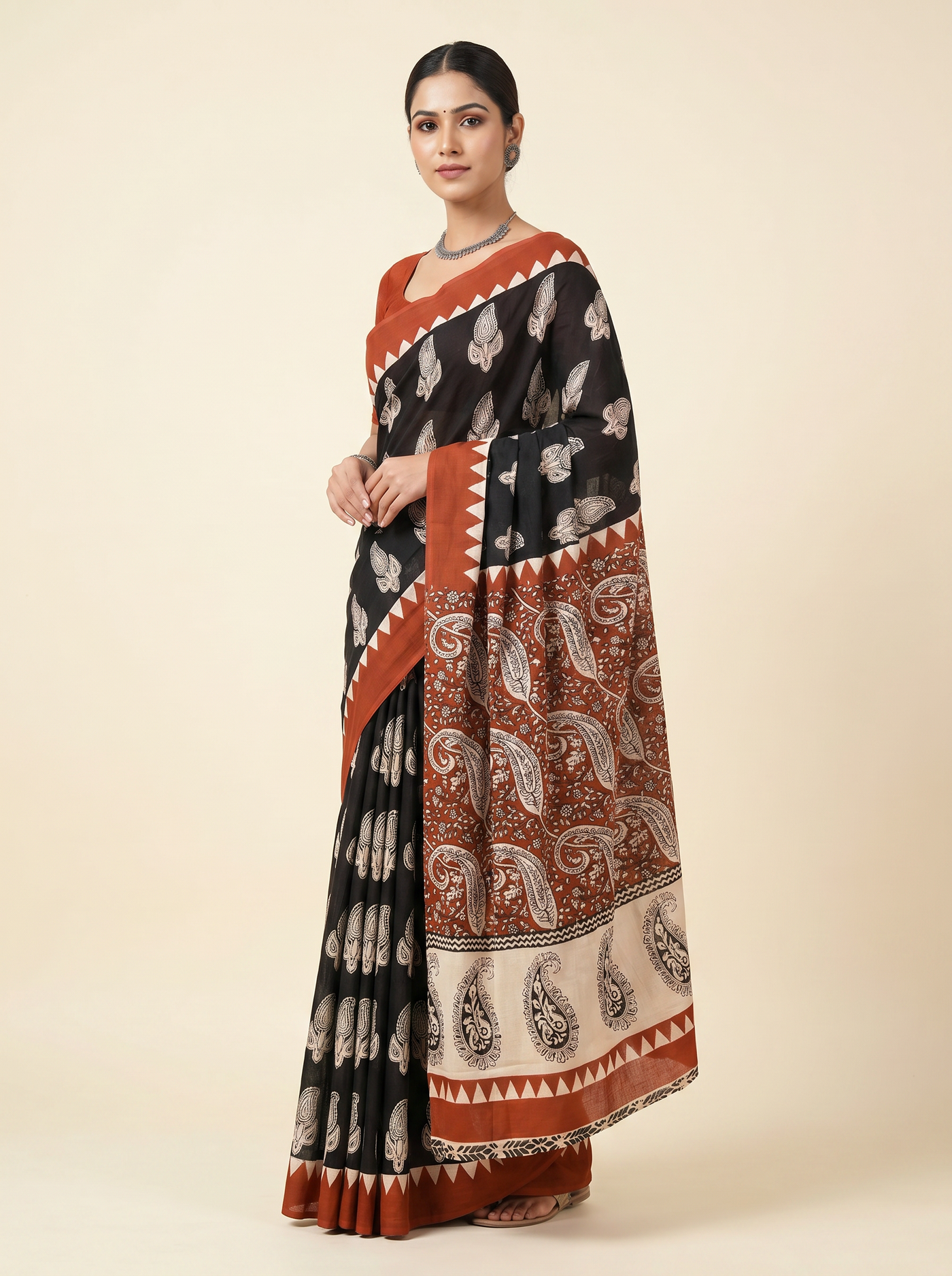 Crimson + Black pure mulmul cotton saree with blouse