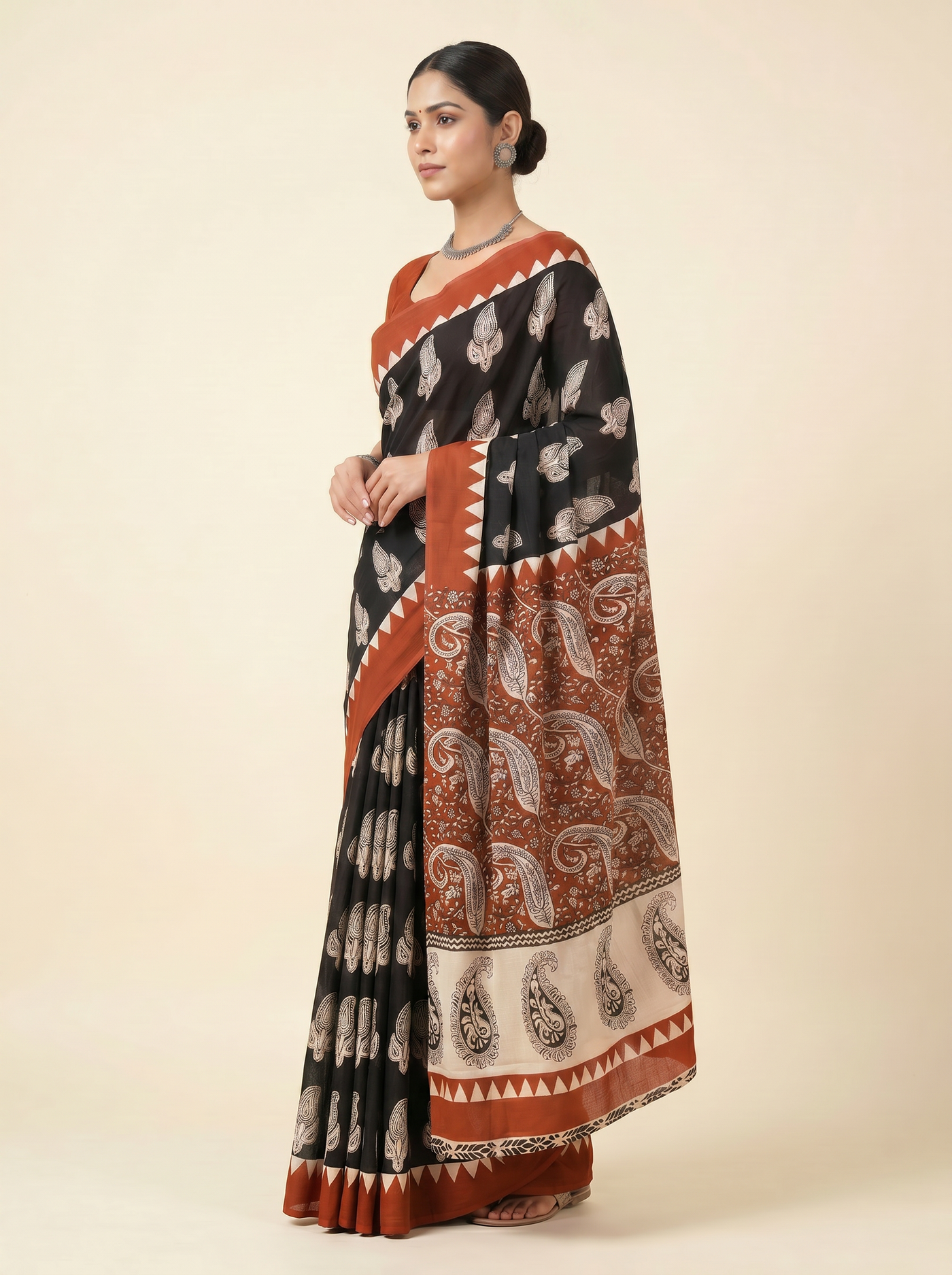 Pure Mulmul Cotton Saree | Crimson + Black Handblock Print | Summer & Office Wear | With Blouse | Design 4 image 2