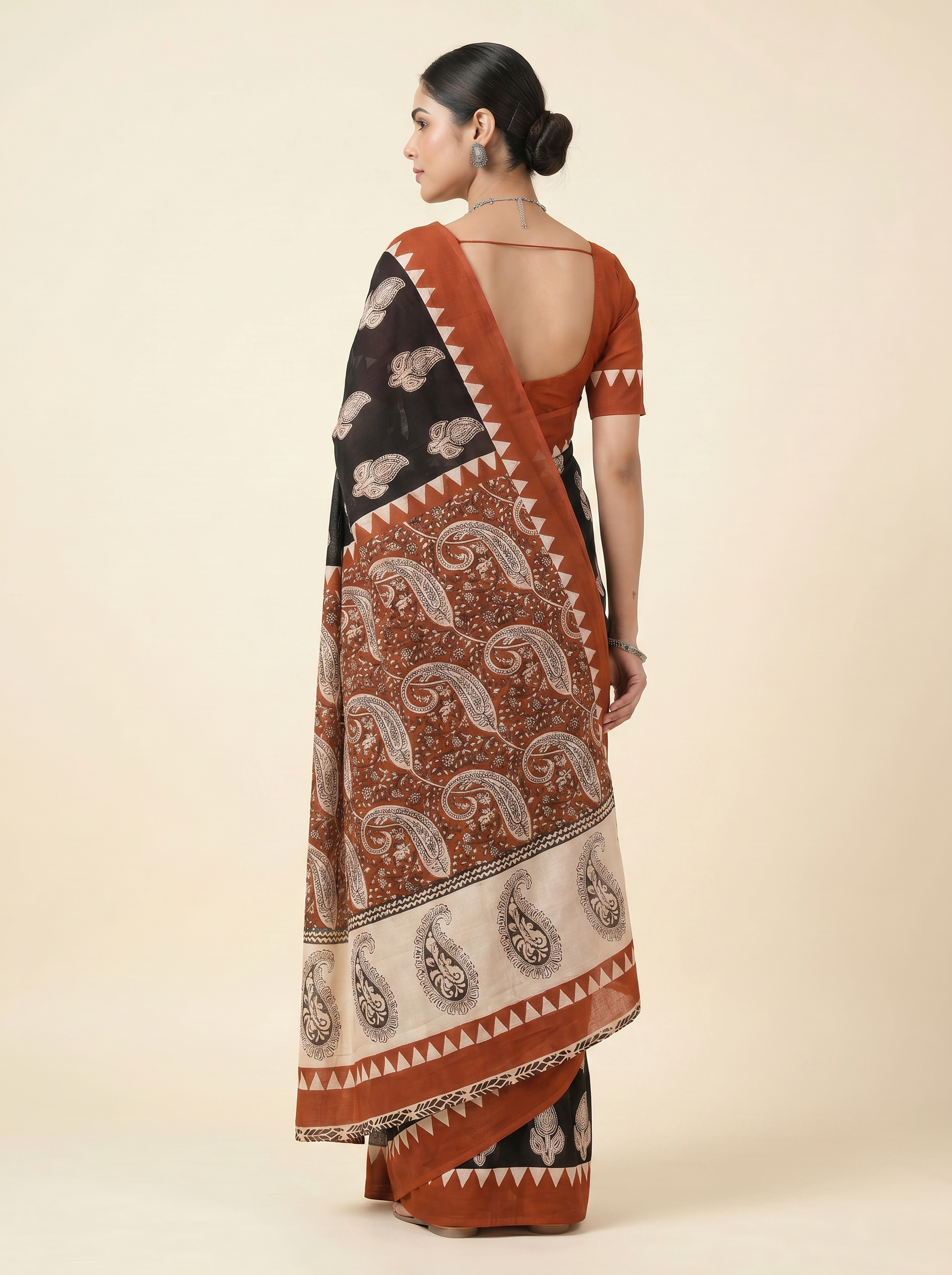 Pure Mulmul Cotton Saree | Crimson + Black Handblock Print | Summer & Office Wear | With Blouse | Design 4 image 3