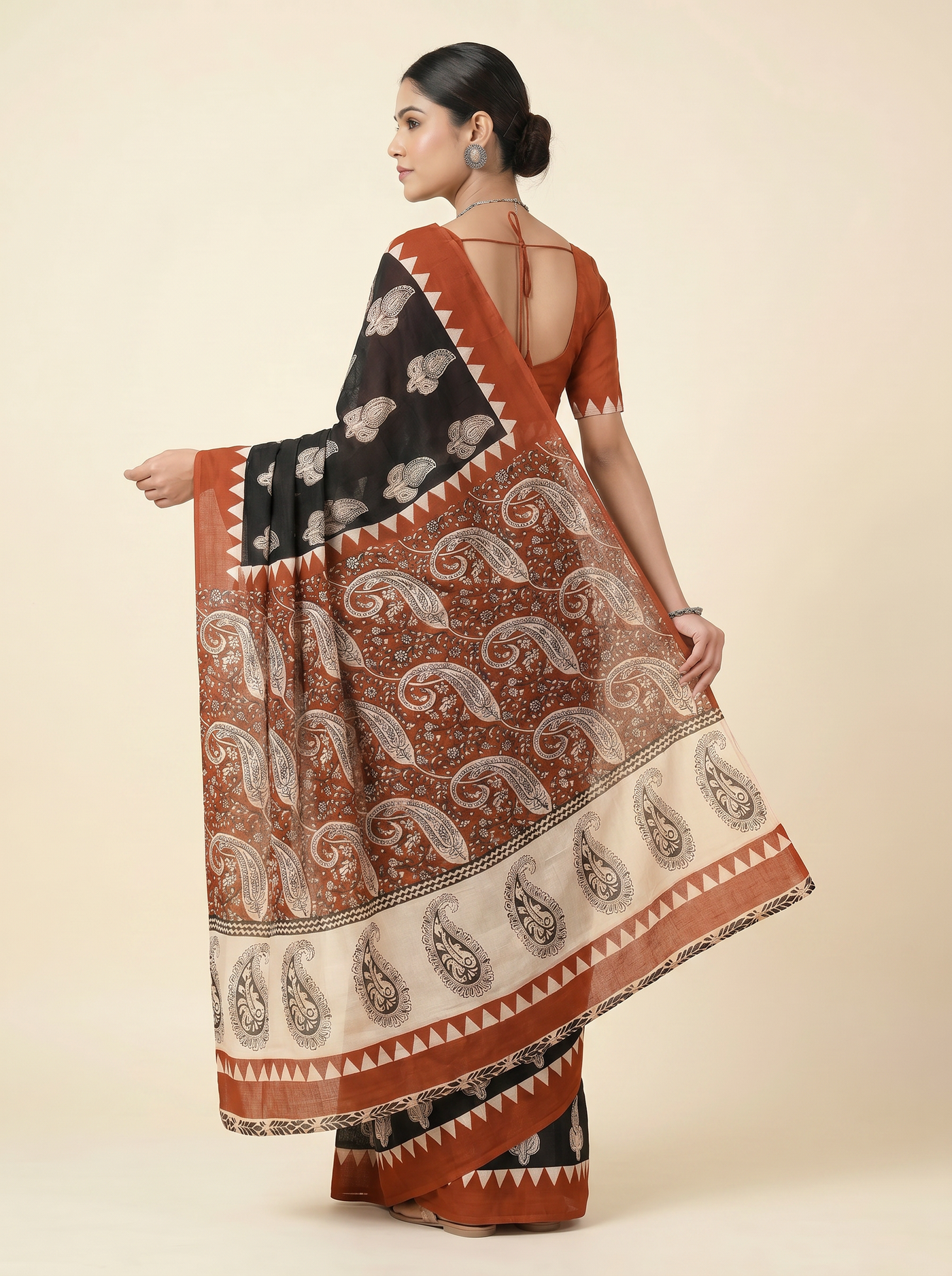 Pure Mulmul Cotton Saree | Crimson + Black Handblock Print | Summer & Office Wear | With Blouse | Design 4 image 4