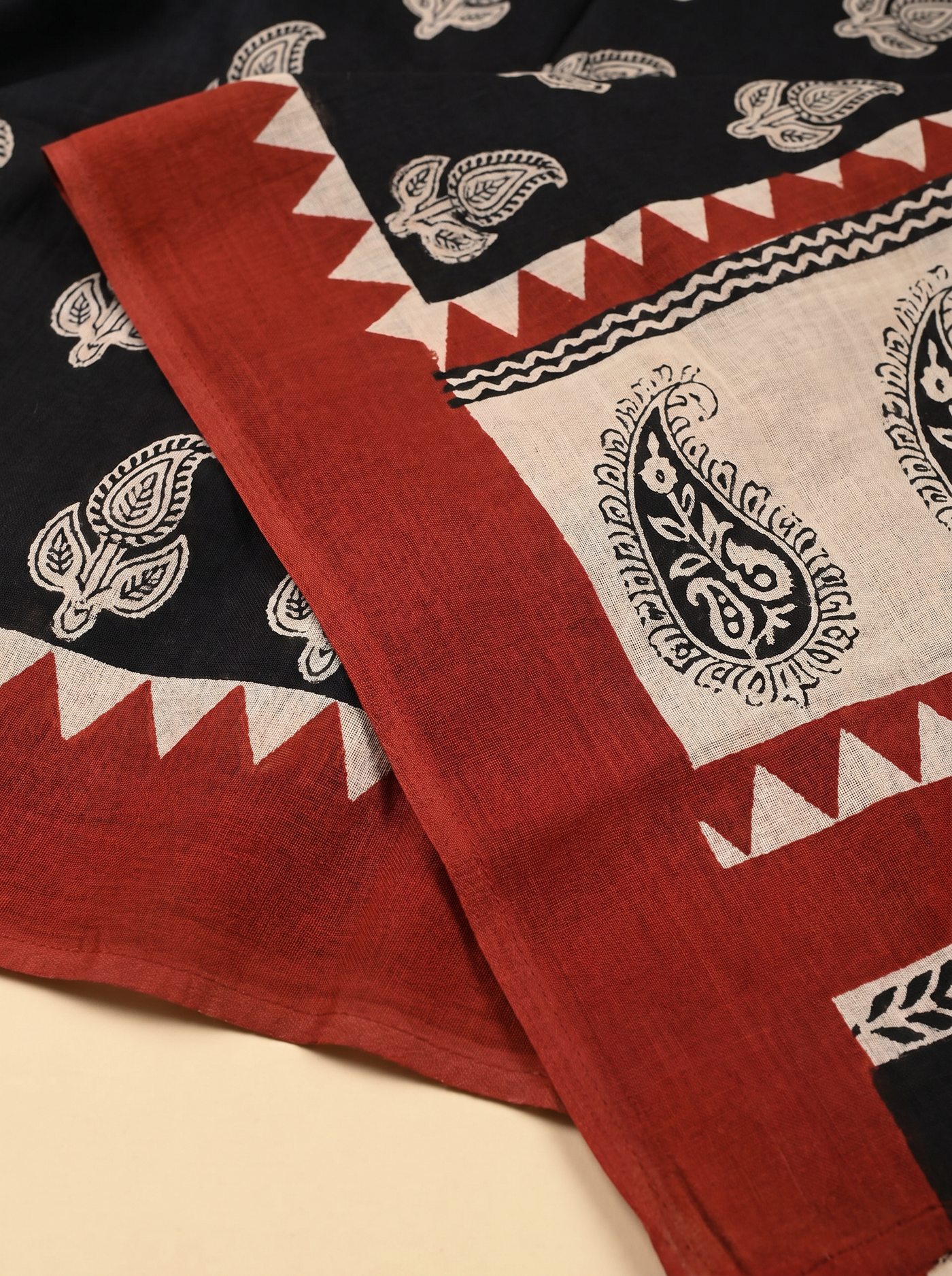 Pure Mulmul Cotton Saree | Crimson + Black Handblock Print | Summer & Office Wear | With Blouse | Design 4 image 5