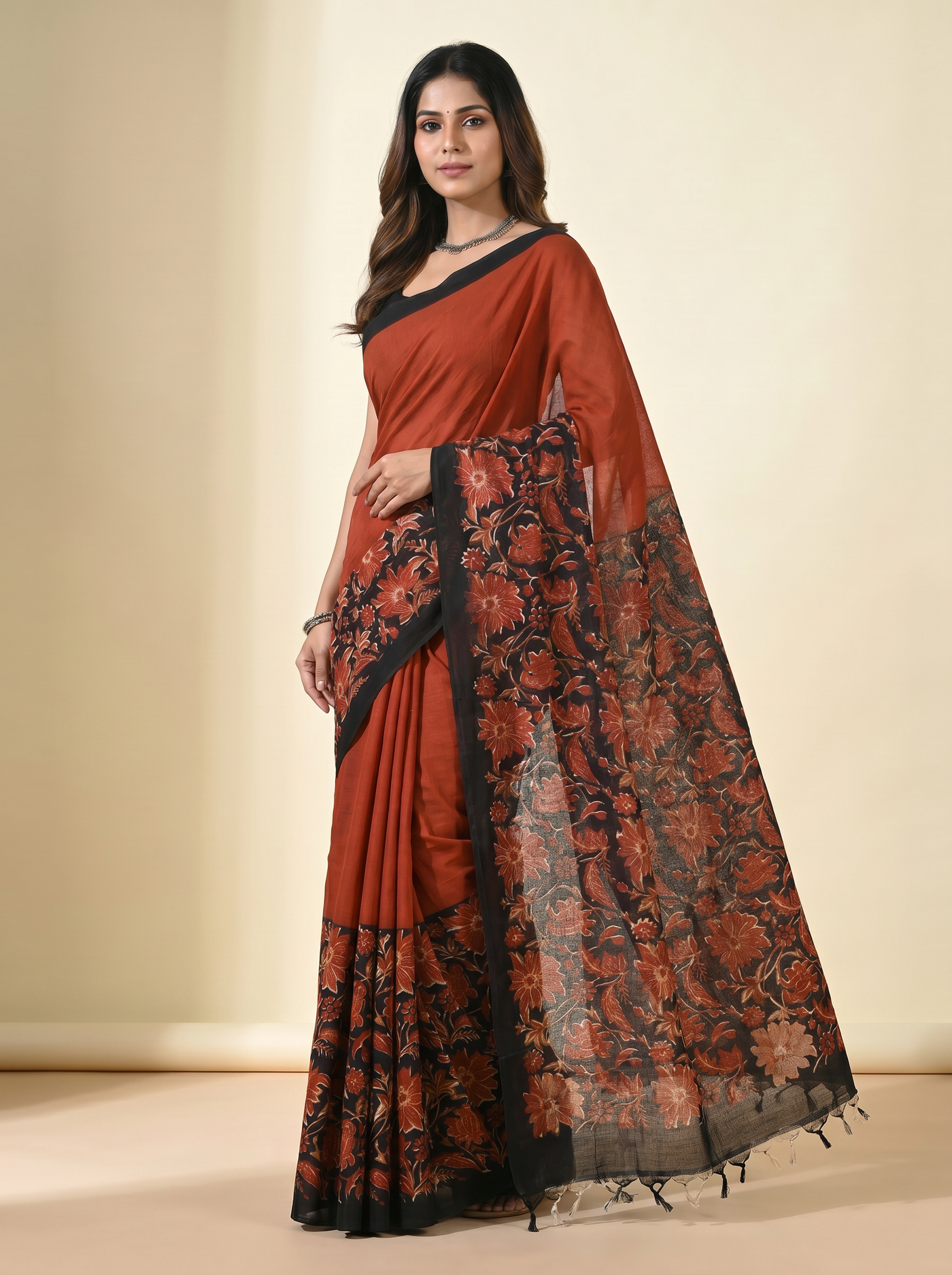 Pure Mulmul Cotton Saree | Crimson + Black Handblock Print | Summer & Office Wear | With Blouse image 2