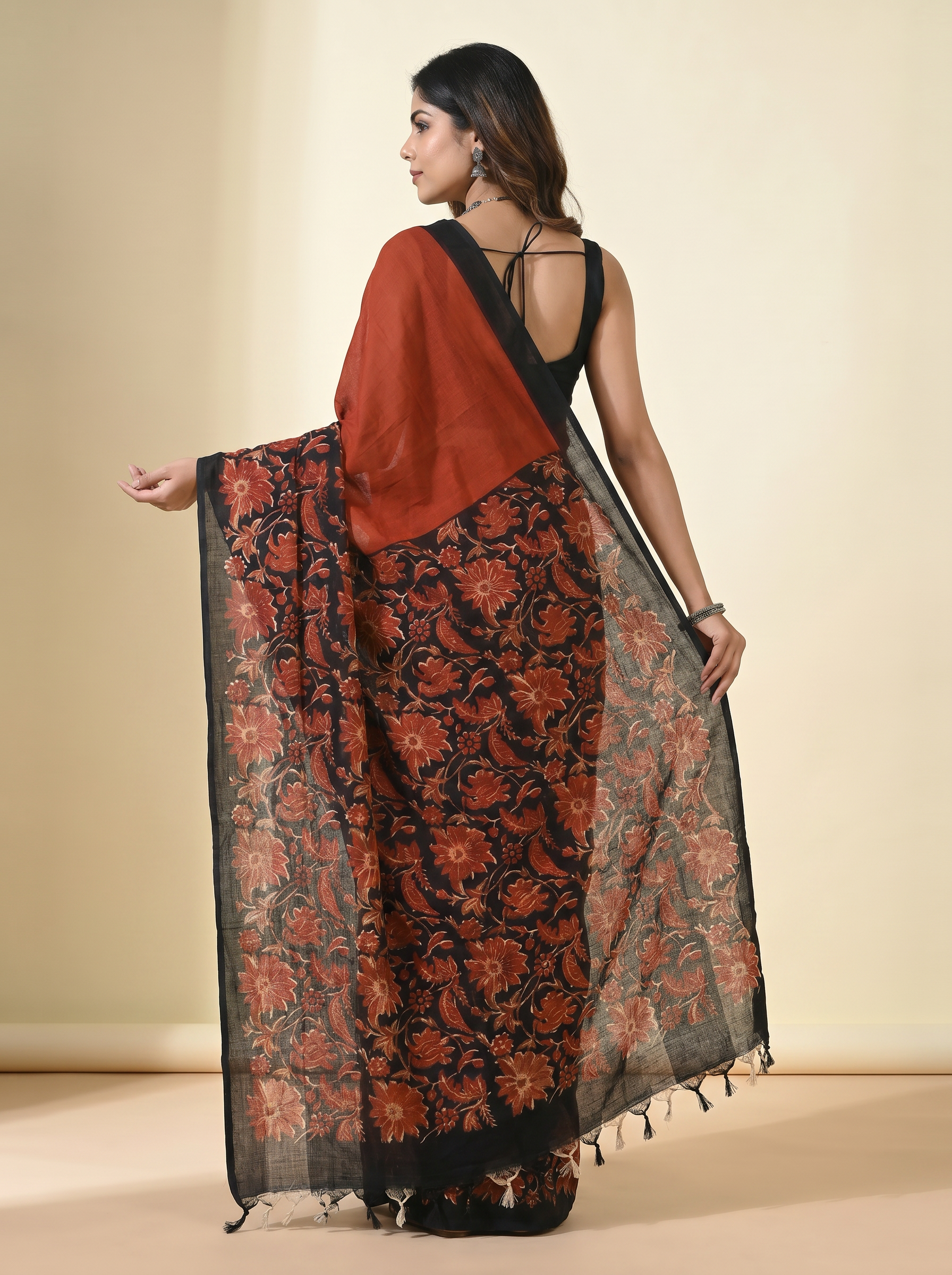 Pure Mulmul Cotton Saree | Crimson + Black Handblock Print | Summer & Office Wear | With Blouse image 4