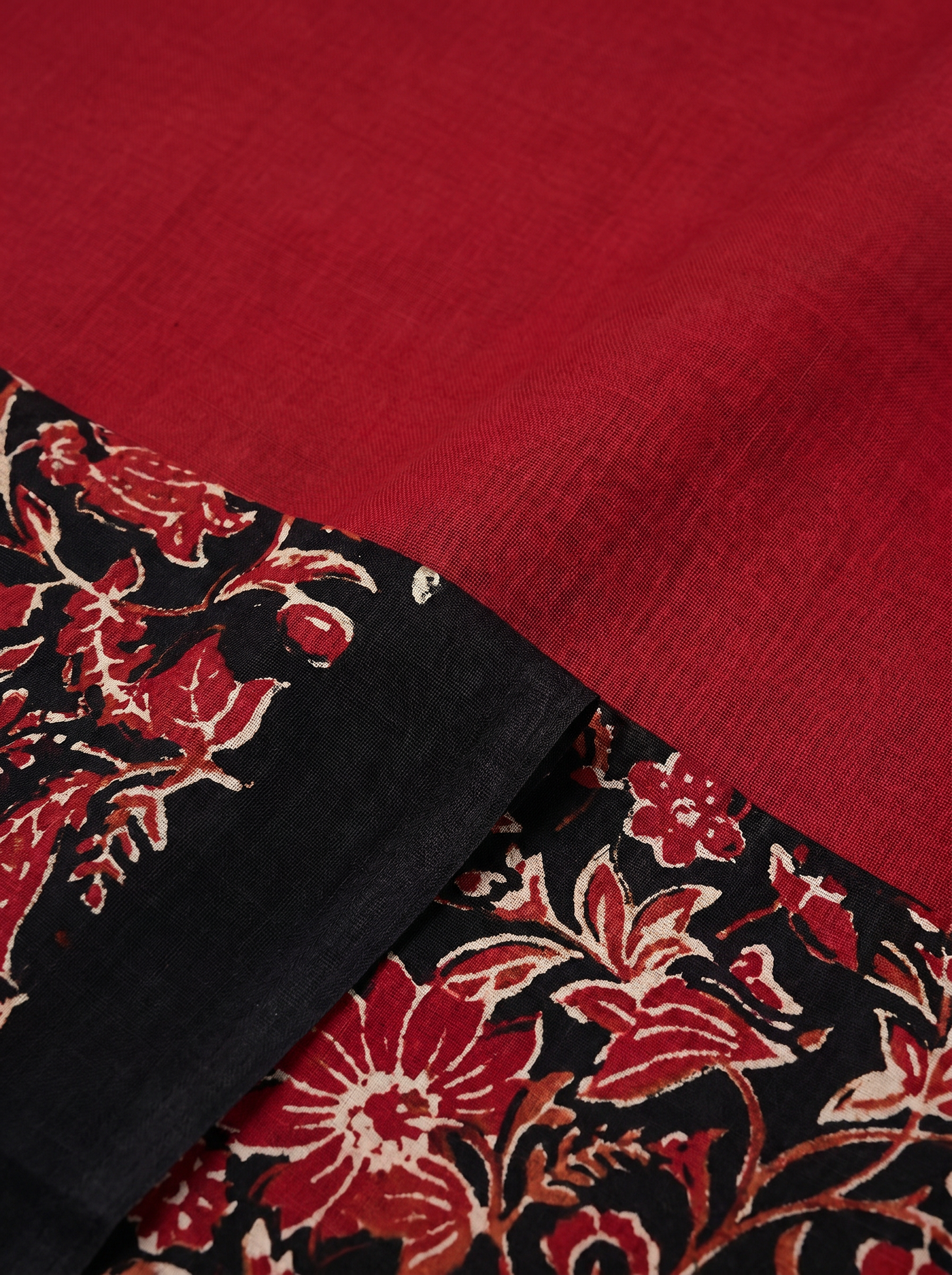 Pure Mulmul Cotton Saree | Crimson + Black Handblock Print | Summer & Office Wear | With Blouse image 5