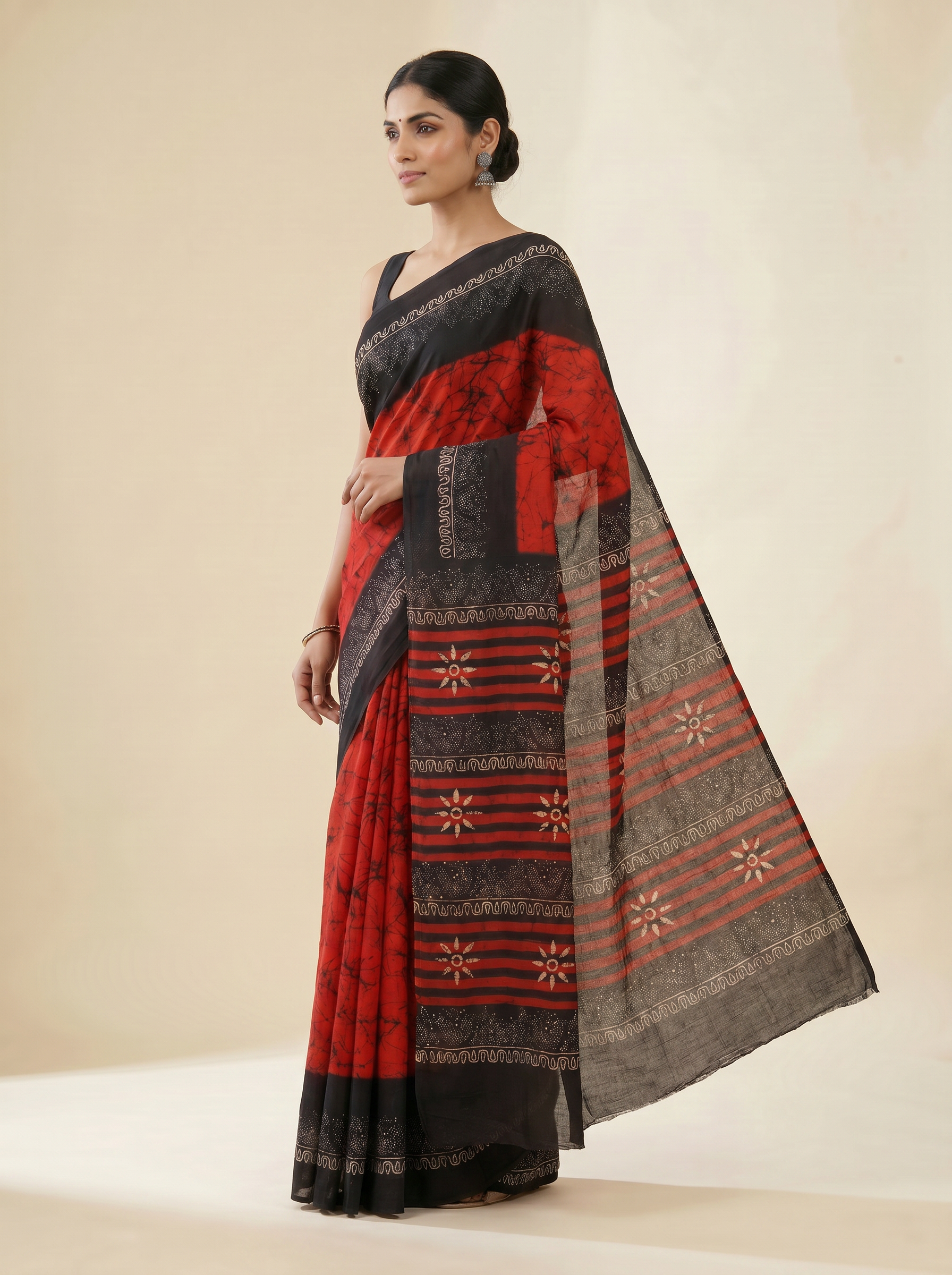 Pure Mulmul Cotton Saree | Crimson Handblock Print | Summer & Office Wear | With Blouse image 2