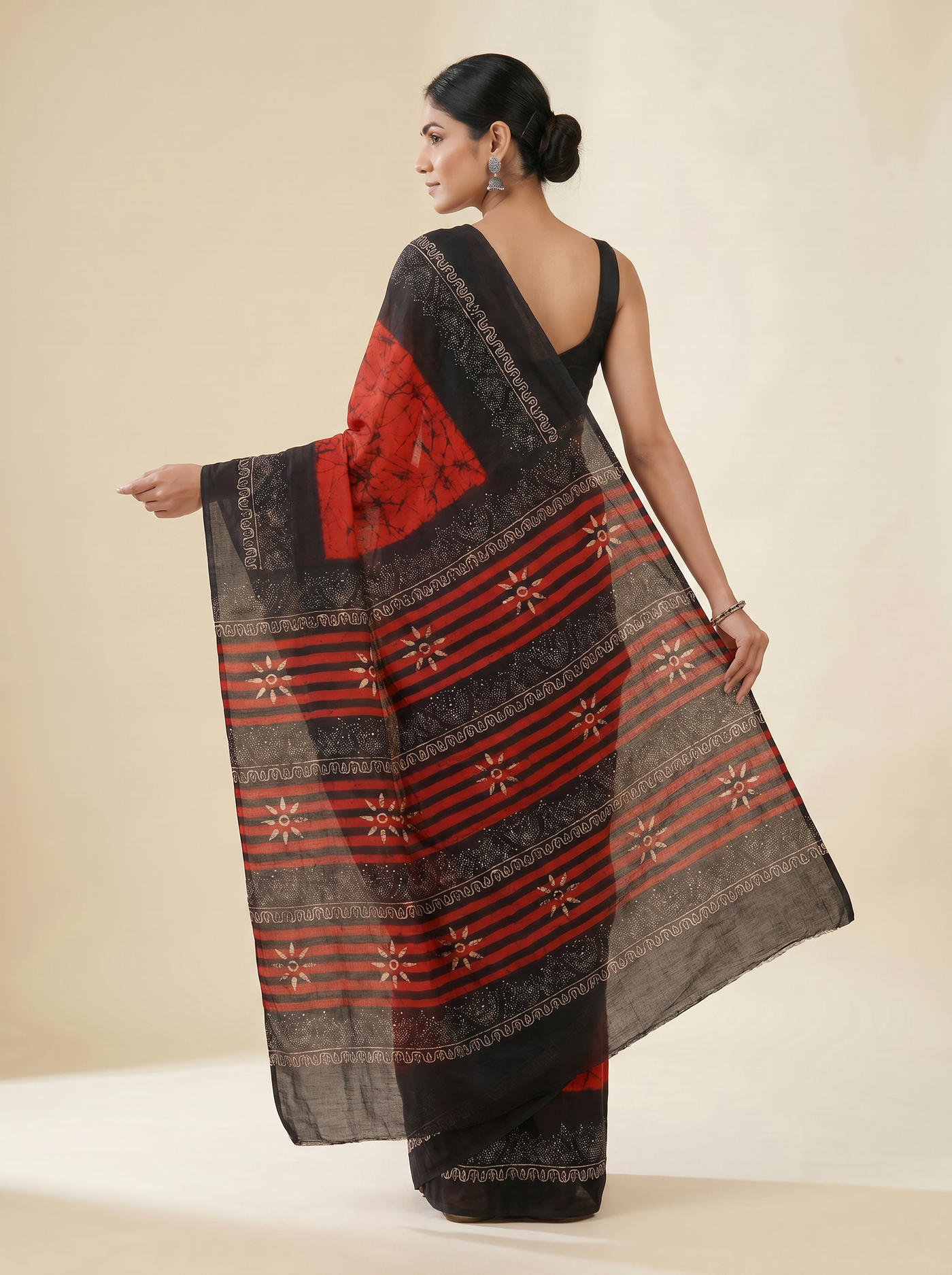 Pure Mulmul Cotton Saree | Crimson Handblock Print | Summer & Office Wear | With Blouse image 4