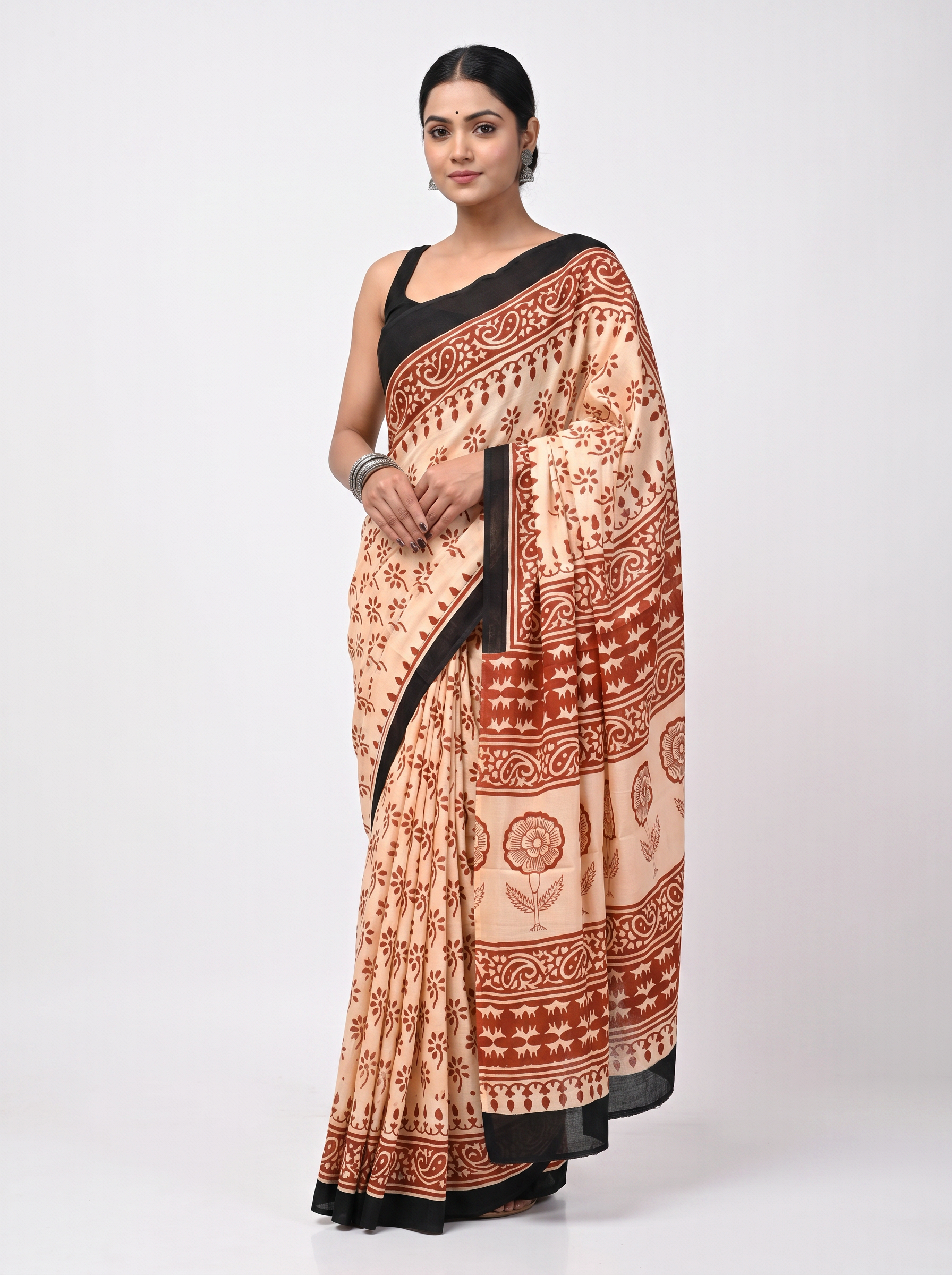 Terracotta + Crimson + Beige pure mulmul cotton saree with blouse
