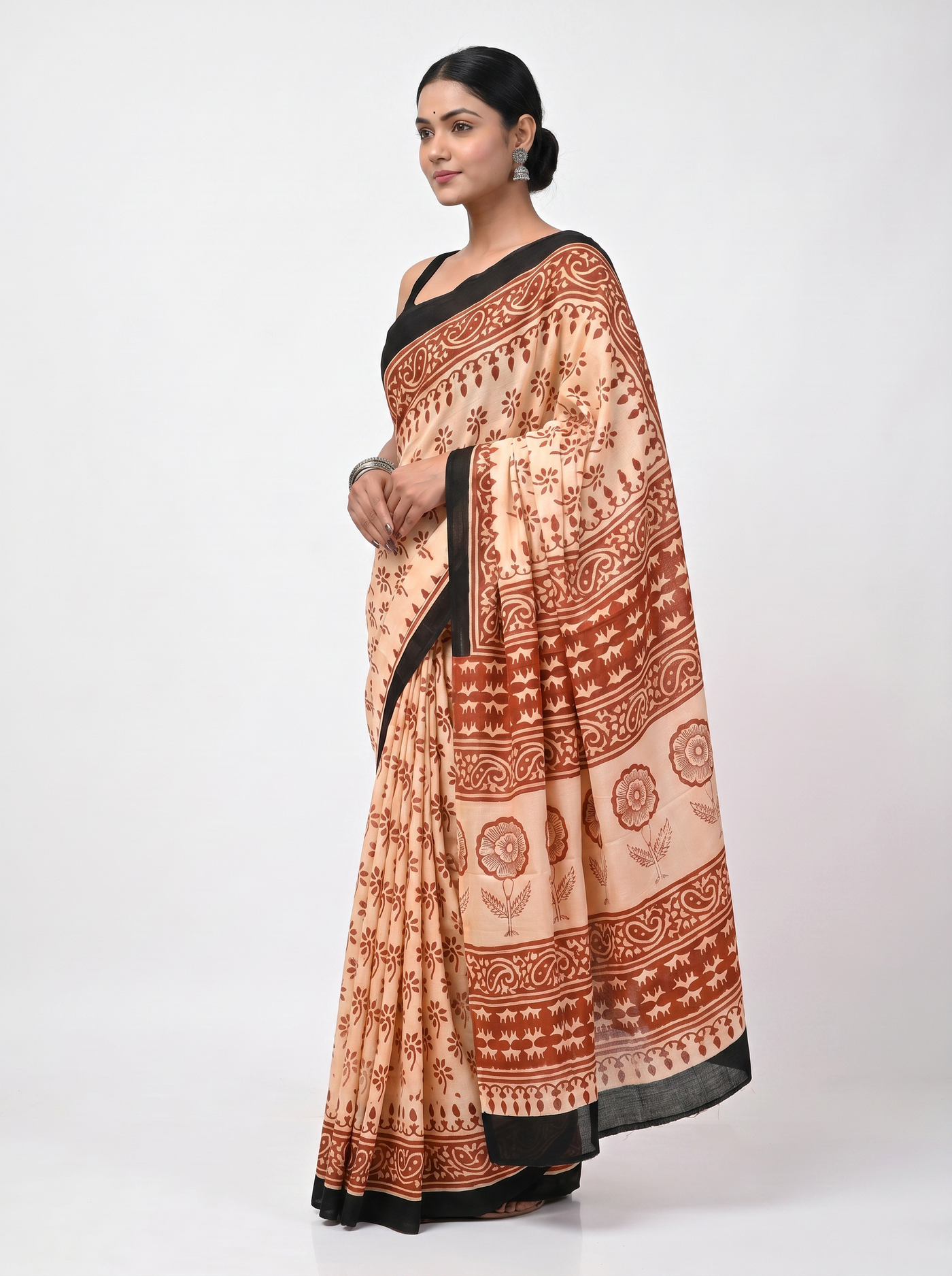 Pure Mulmul Cotton Saree | Terracotta + Crimson + Beige Handblock Print | Summer & Office Wear | With Blouse image 2