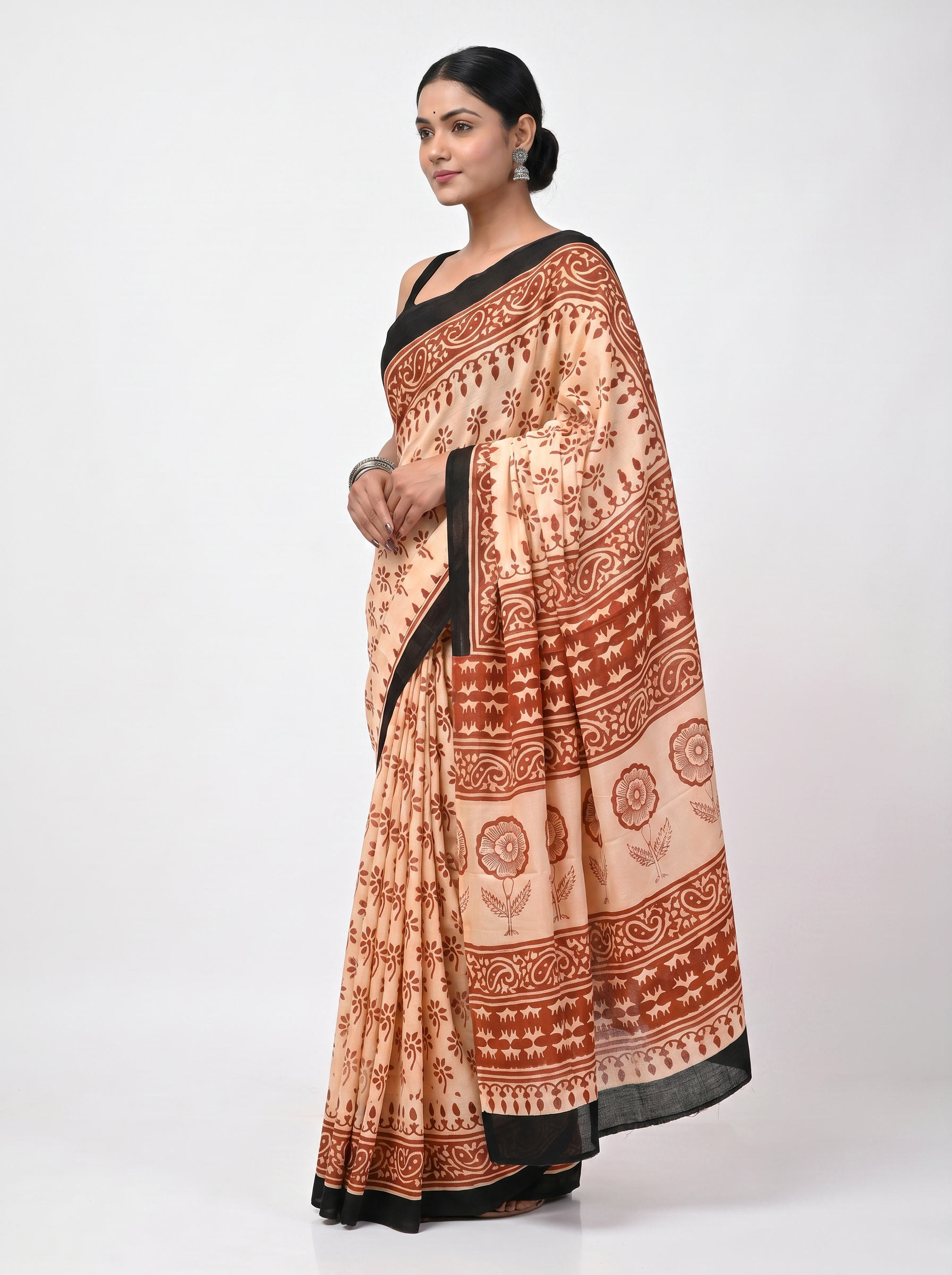Pure Mulmul Cotton Saree | Terracotta + Crimson + Beige Handblock Print | Summer & Office Wear | With Blouse image 2