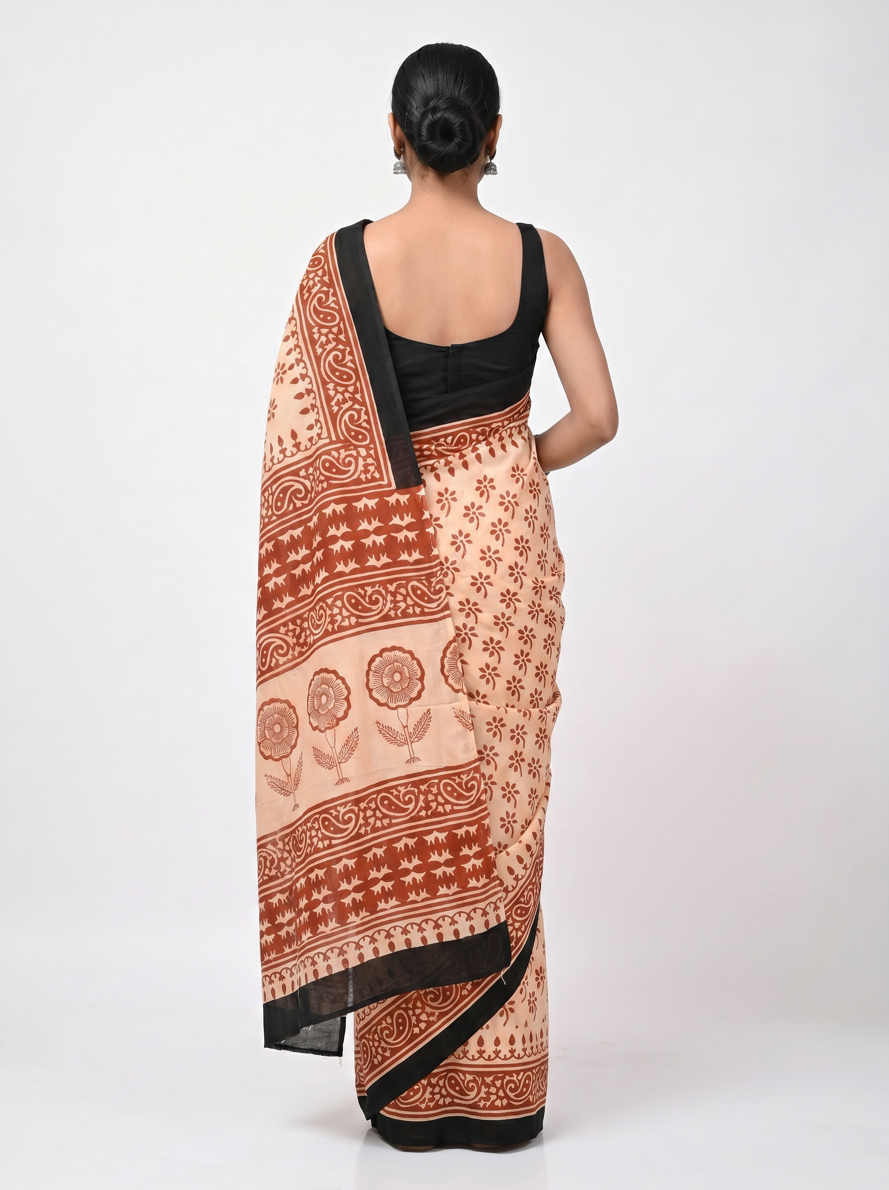 Pure Mulmul Cotton Saree | Terracotta + Crimson + Beige Handblock Print | Summer & Office Wear | With Blouse image 3