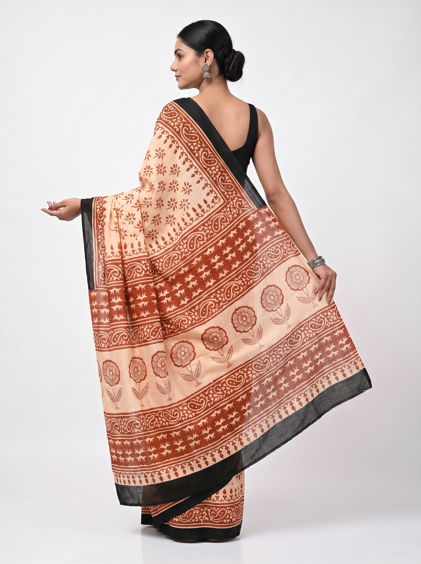 Pure Mulmul Cotton Saree | Terracotta + Crimson + Beige Handblock Print | Summer & Office Wear | With Blouse image 4