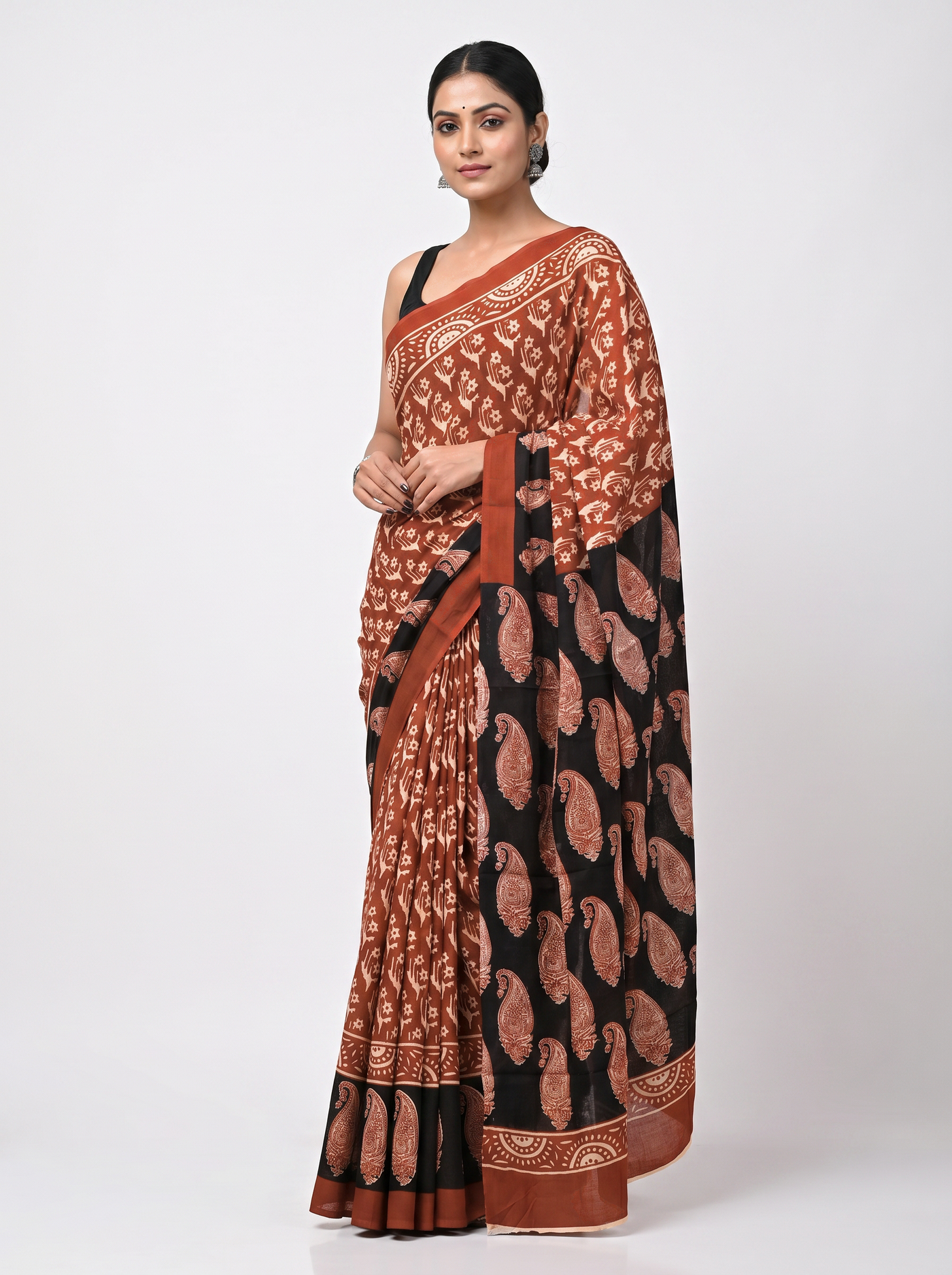 Deep Red + Black pure mulmul cotton saree with blouse