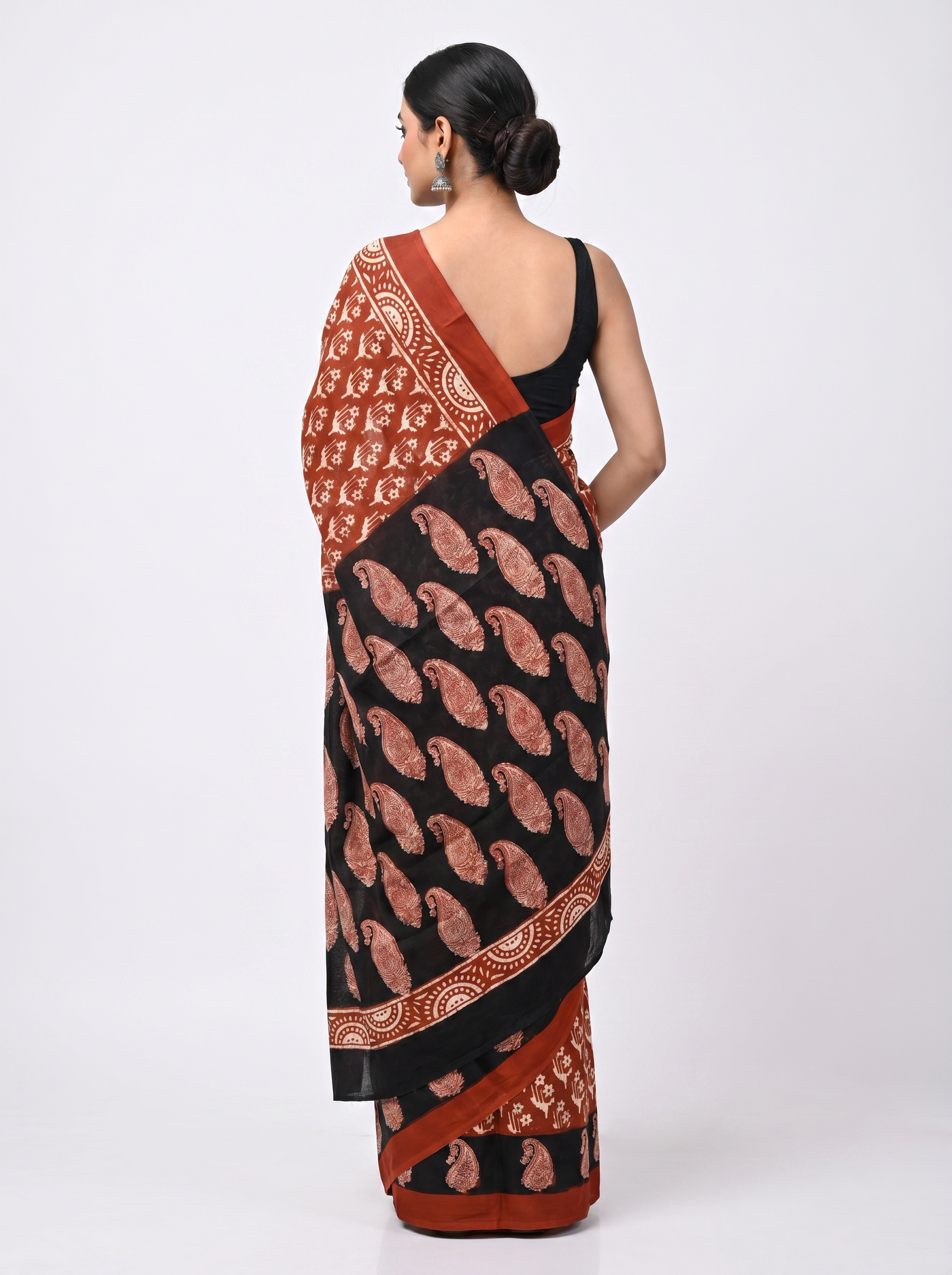 Pure Mulmul Cotton Saree | Deep Red + Black Handblock Print | Summer & Office Wear | With Blouse image 3