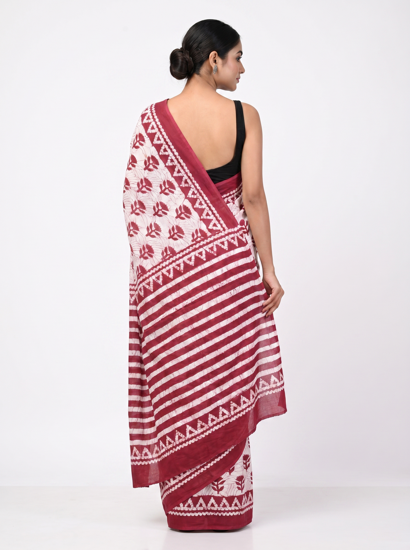 Pure Mulmul Cotton Saree | Deep Red Handblock Print | Summer & Office Wear | With Blouse image 3