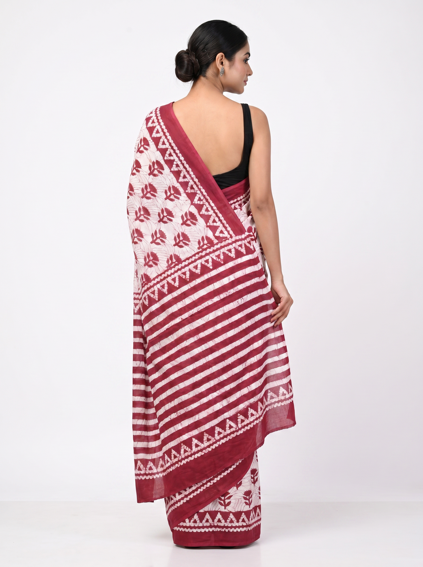 Pure Mulmul Cotton Saree | Deep Red Handblock Print | Summer & Office Wear | With Blouse image 3