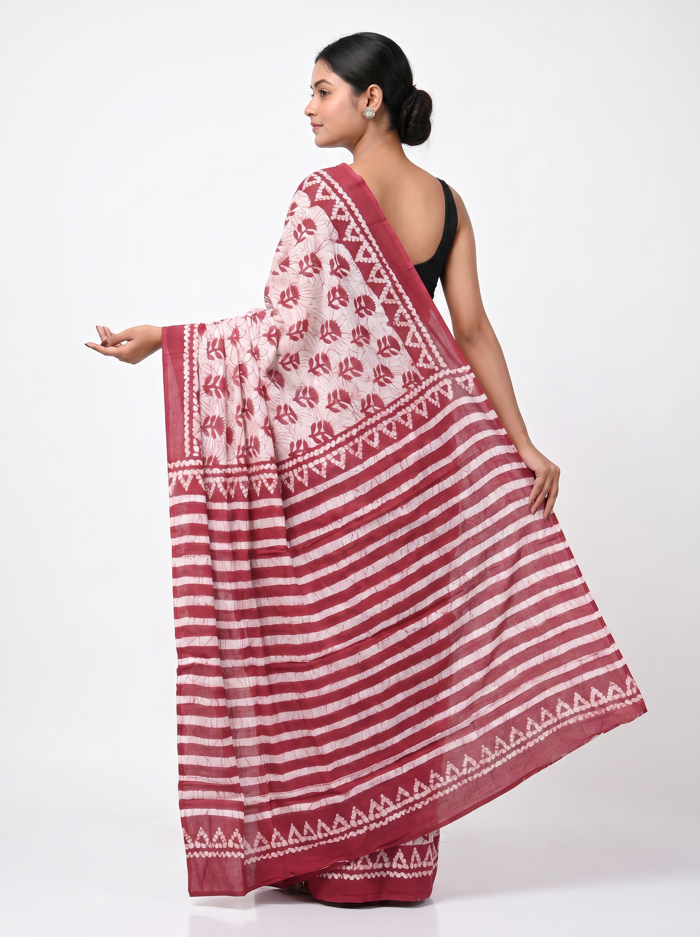 Pure Mulmul Cotton Saree | Deep Red Handblock Print | Summer & Office Wear | With Blouse image 4