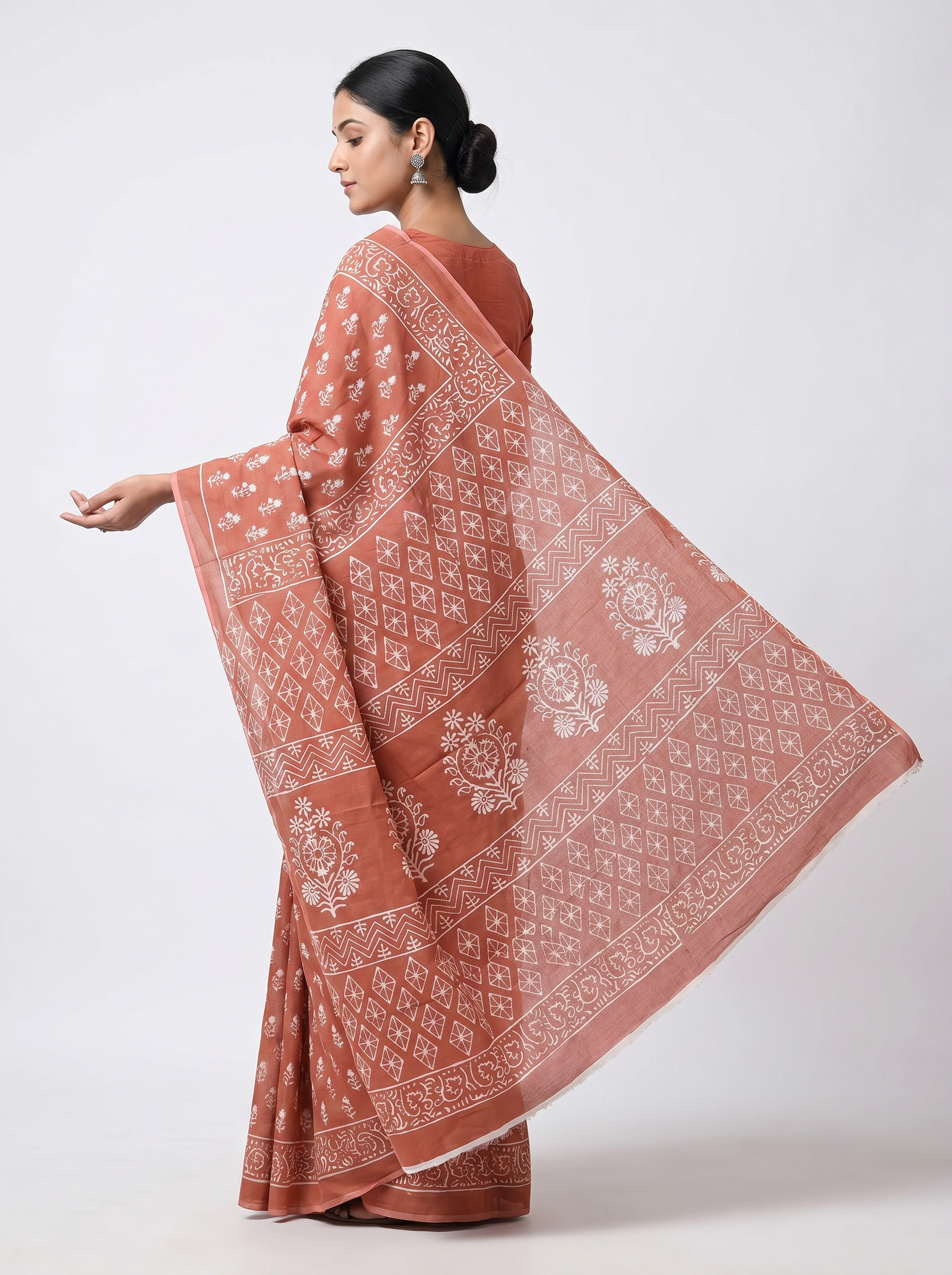 Pure Mulmul Cotton Saree | Deep Red Handblock Print | Summer & Office Wear | With Blouse | Design 3 image 4