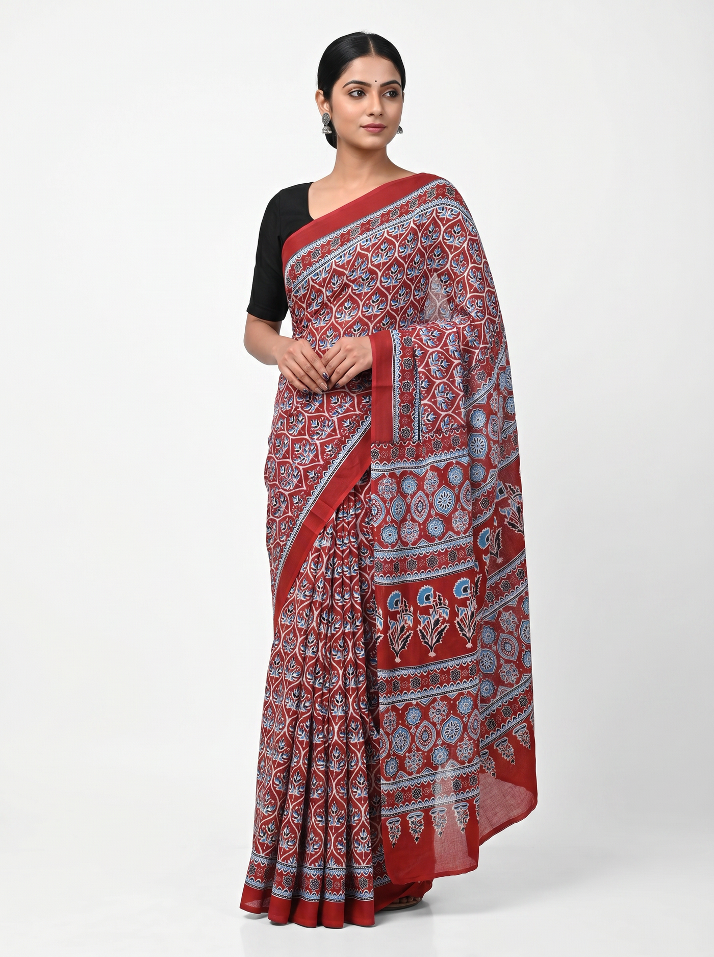 Deep Red pure mulmul cotton saree with blouse