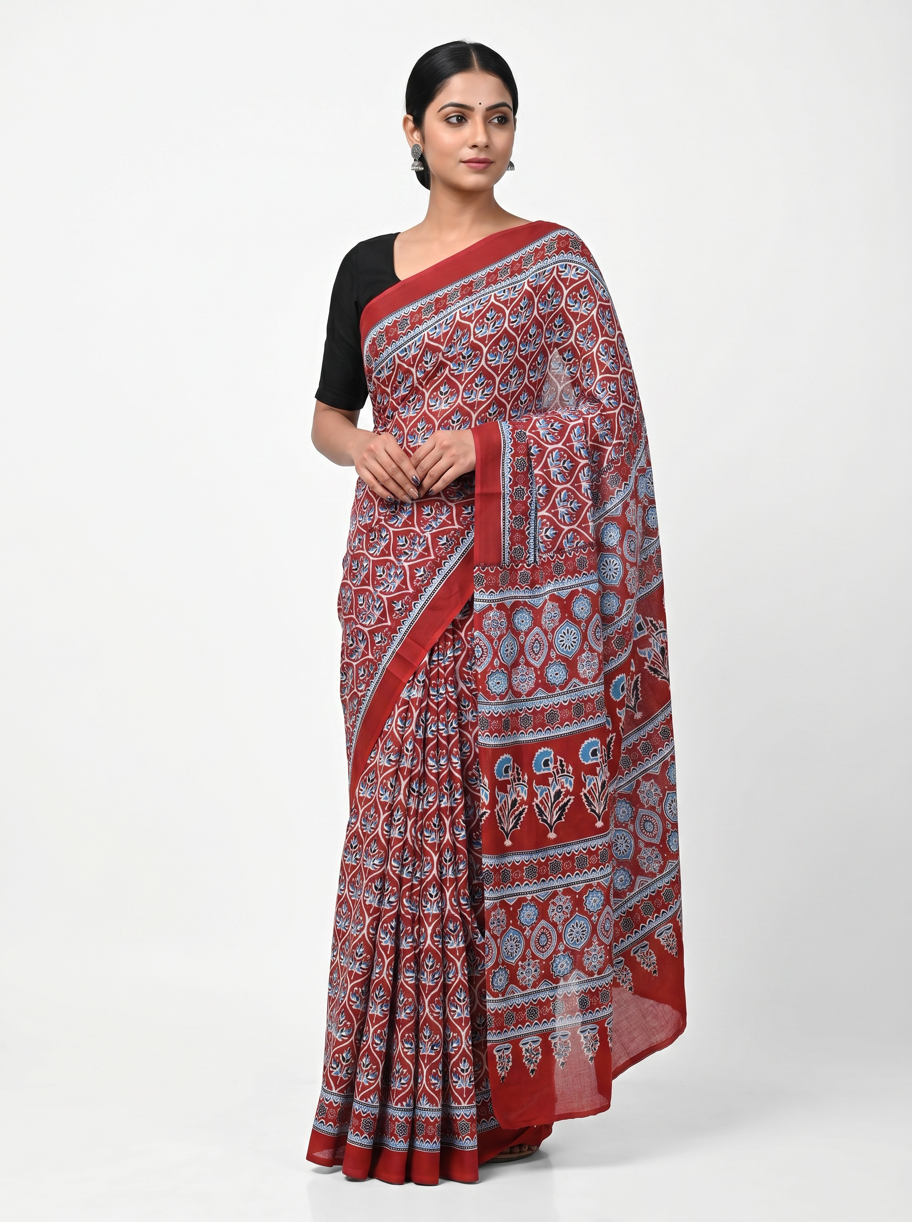 Deep Red pure mulmul cotton saree with blouse