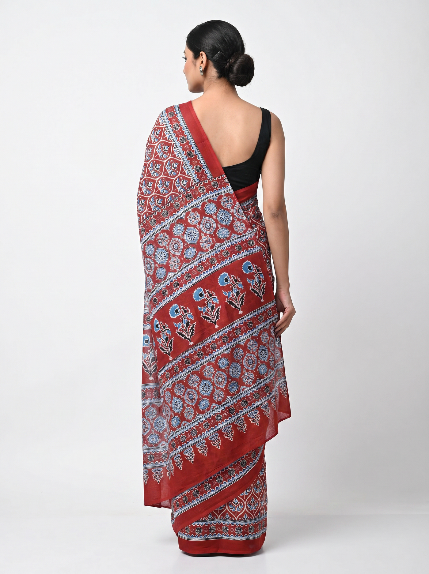 Pure Mulmul Cotton Saree | Deep Red Handblock Print | Summer & Office Wear | With Blouse image 3