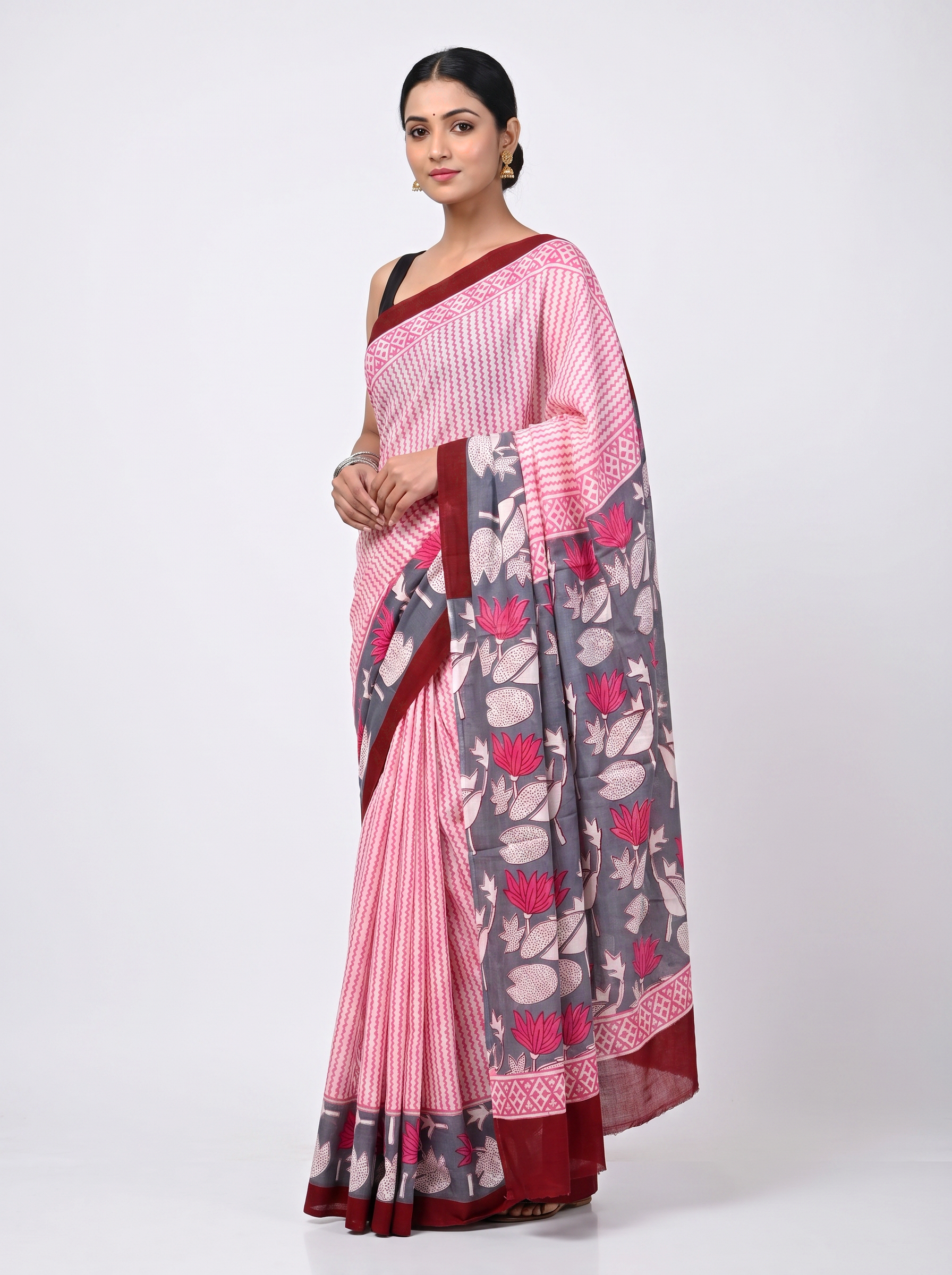 Deep Red + Dusty Pink + Beige pure mulmul cotton saree with blouse