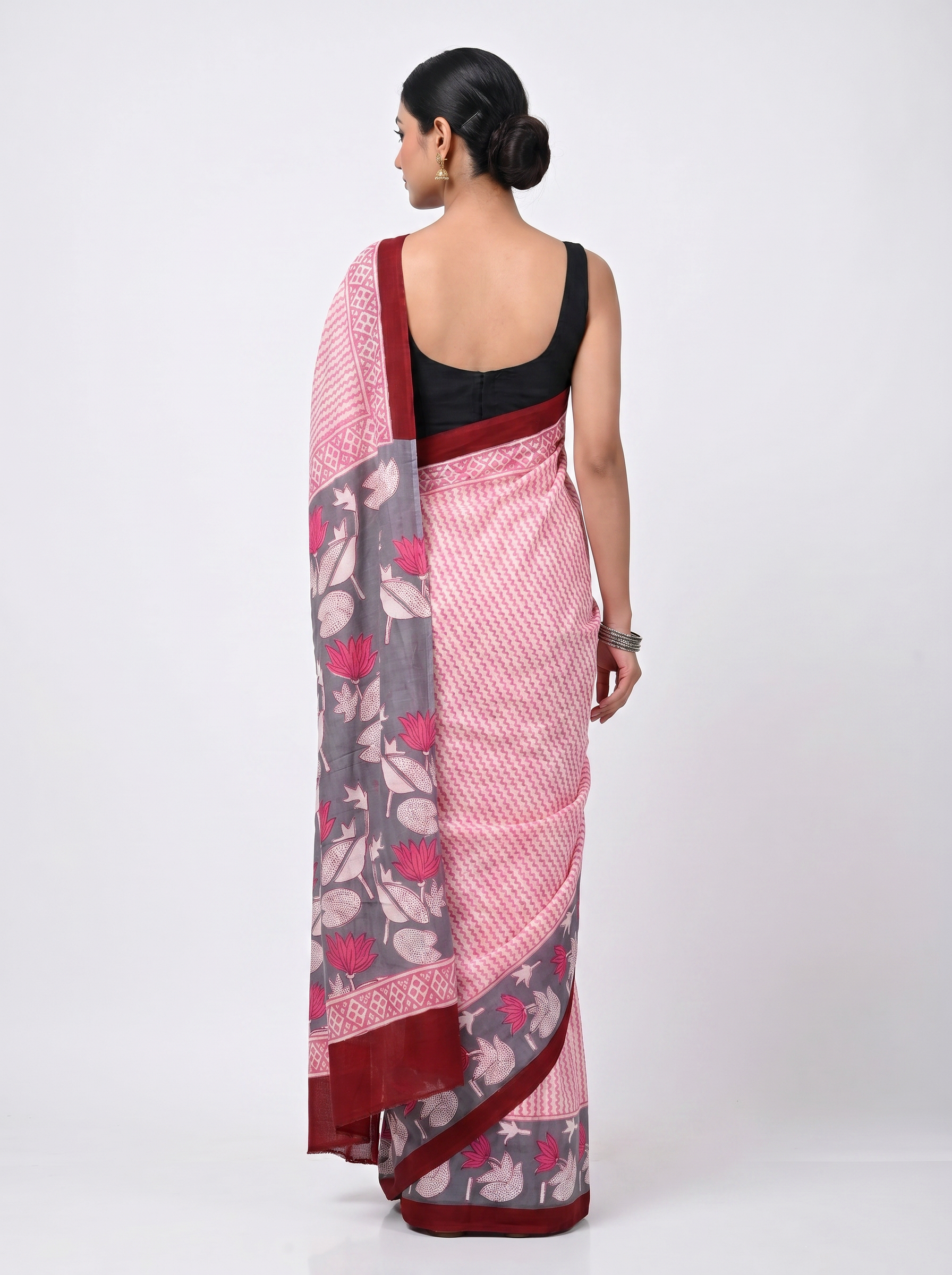 Pure Mulmul Cotton Saree | Deep Red + Dusty Pink + Beige Handblock Print | Summer & Office Wear | With Blouse image 3