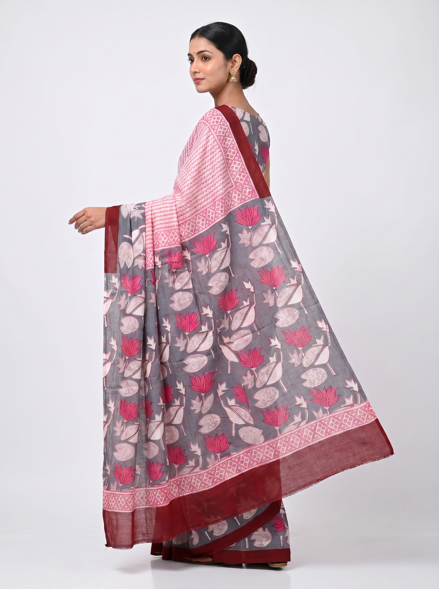 Pure Mulmul Cotton Saree | Deep Red + Dusty Pink + Beige Handblock Print | Summer & Office Wear | With Blouse image 4