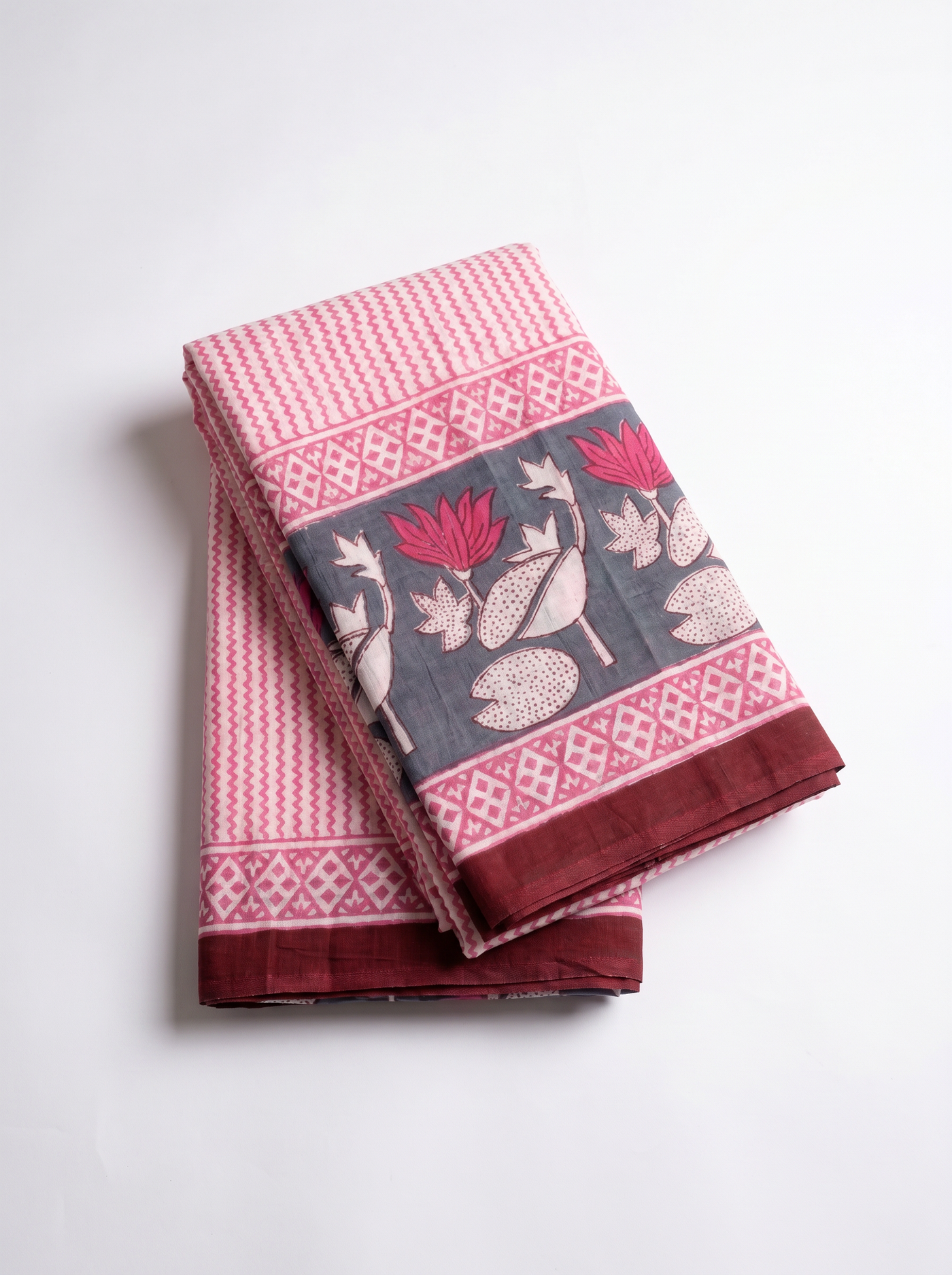 Pure Mulmul Cotton Saree | Deep Red + Dusty Pink + Beige Handblock Print | Summer & Office Wear | With Blouse image 5