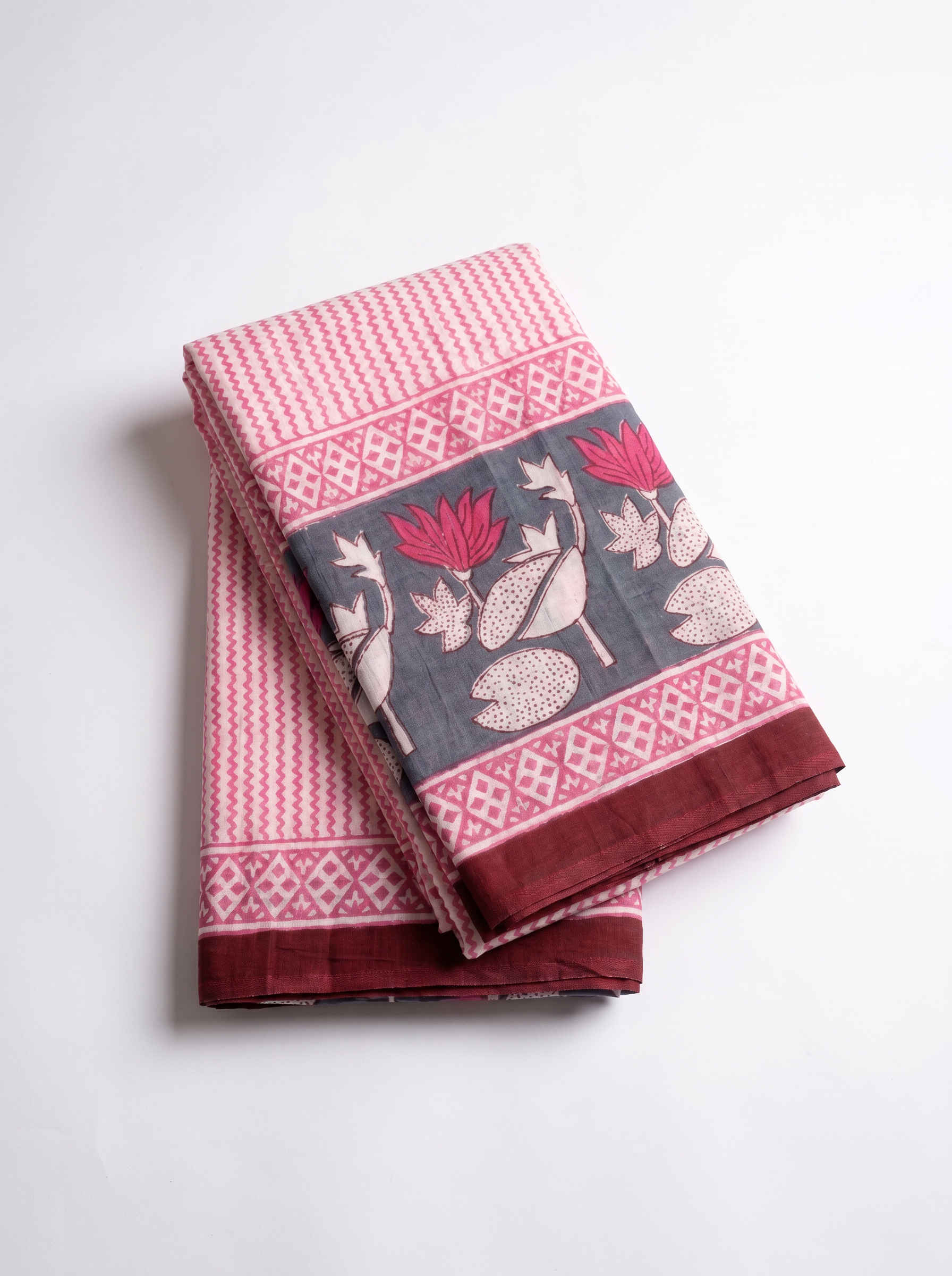 Pure Mulmul Cotton Saree | Deep Red + Dusty Pink + Beige Handblock Print | Summer & Office Wear | With Blouse image 5