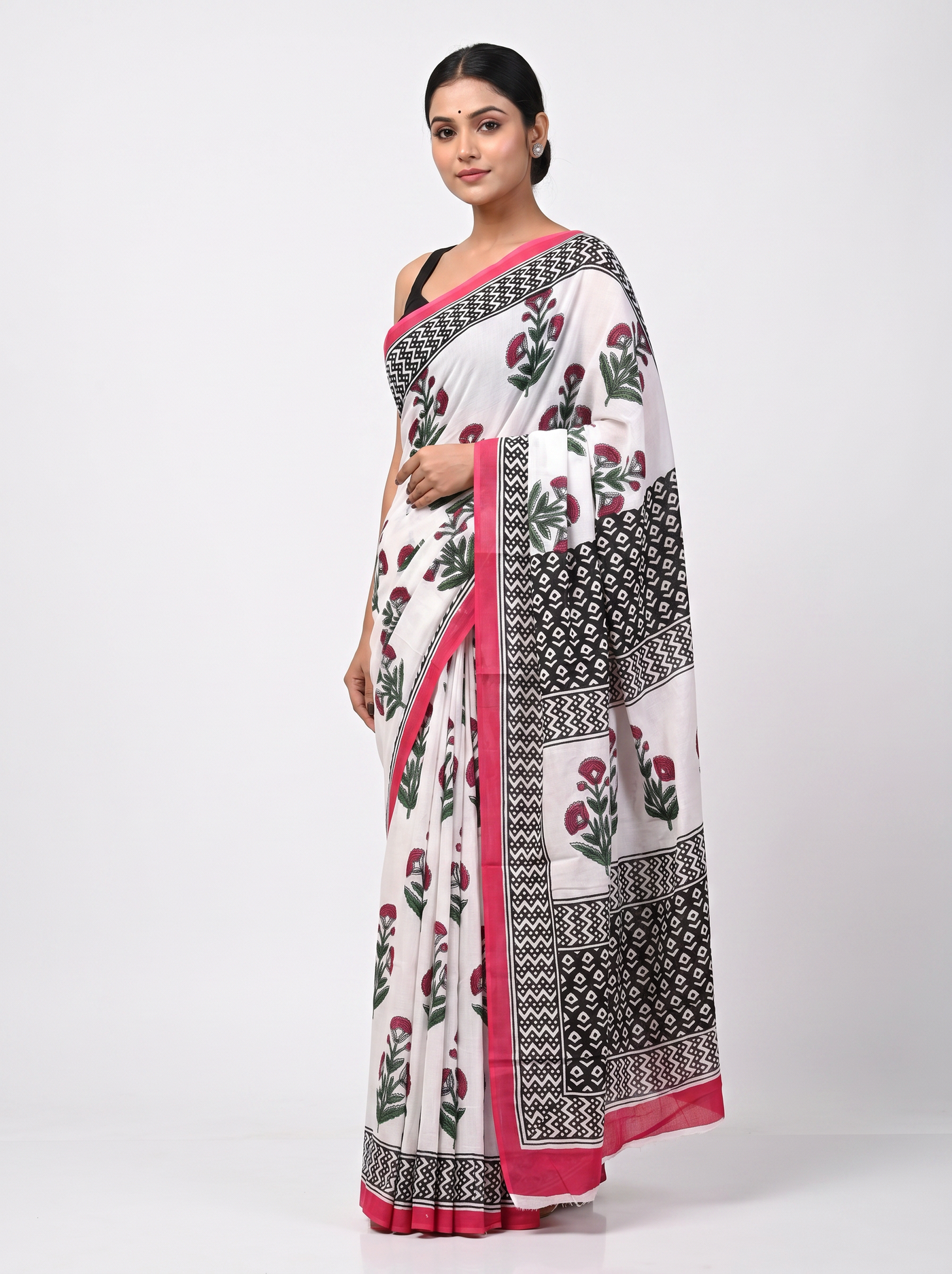 Deep Red + Grey pure mulmul cotton saree with blouse