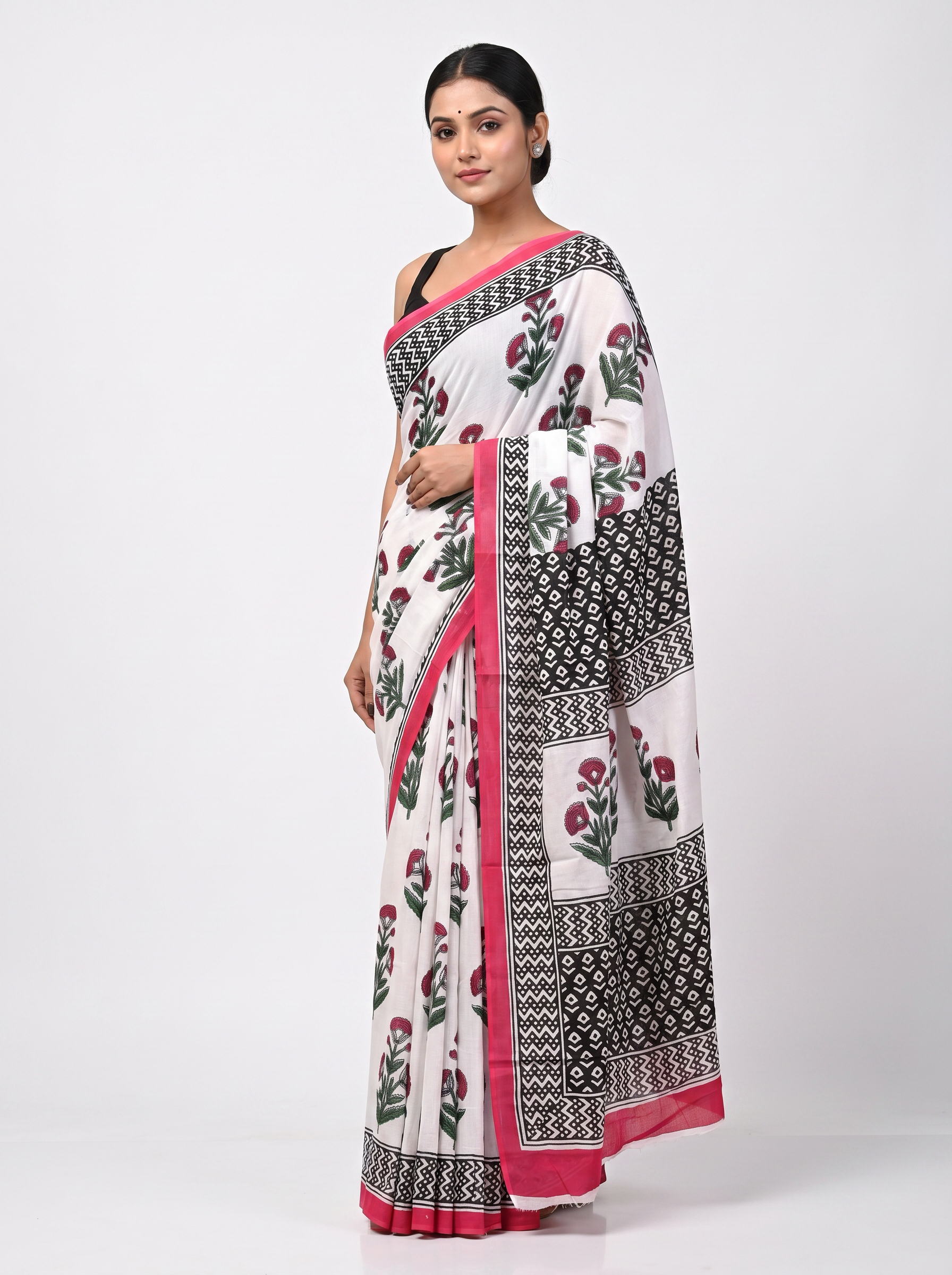 Deep Red + Grey pure mulmul cotton saree with blouse