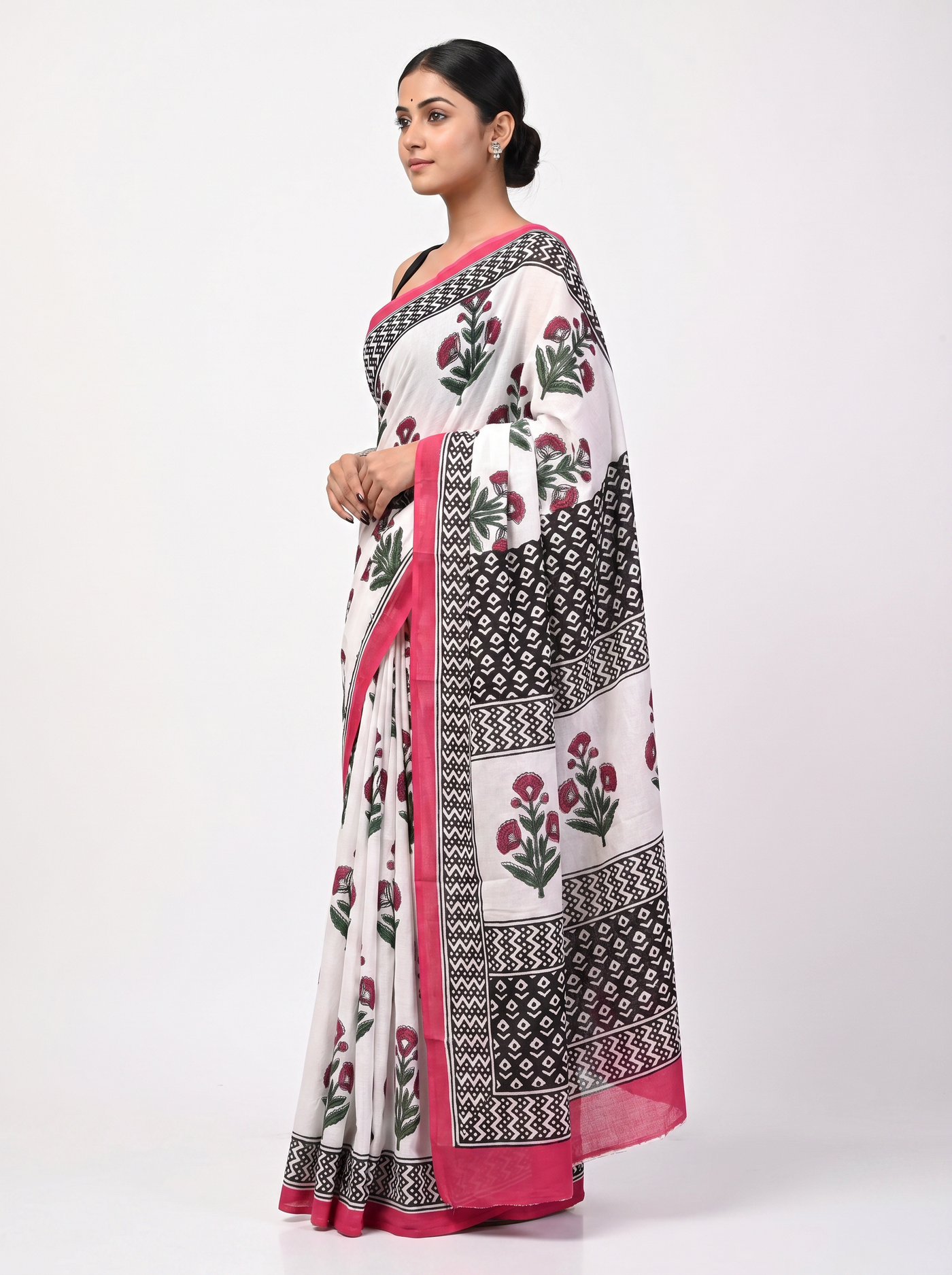 Pure Mulmul Cotton Saree | Deep Red + Grey Handblock Print | Summer & Office Wear | With Blouse image 2