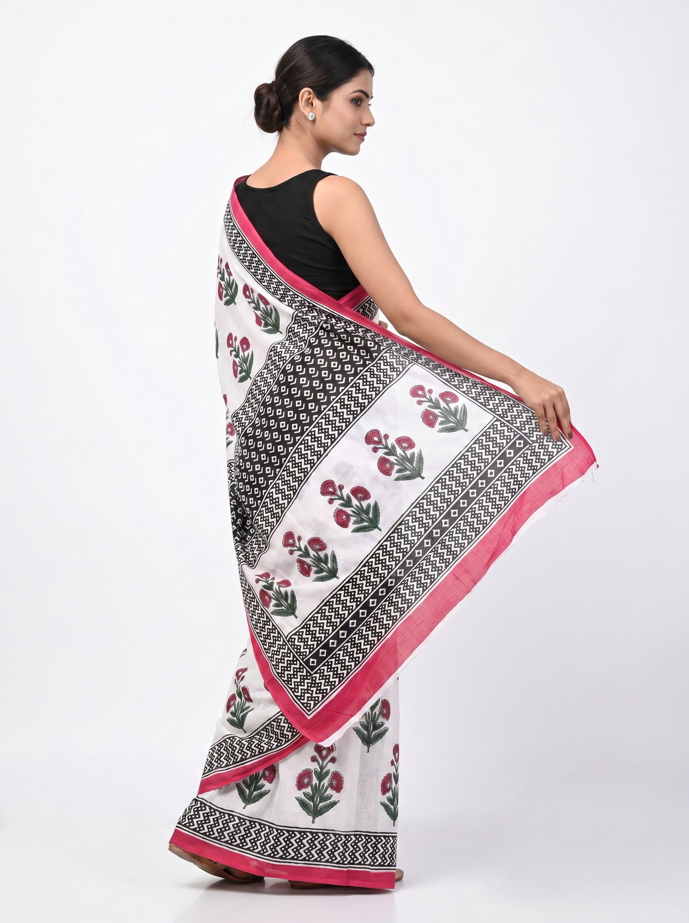 Pure Mulmul Cotton Saree | Deep Red + Grey Handblock Print | Summer & Office Wear | With Blouse image 4